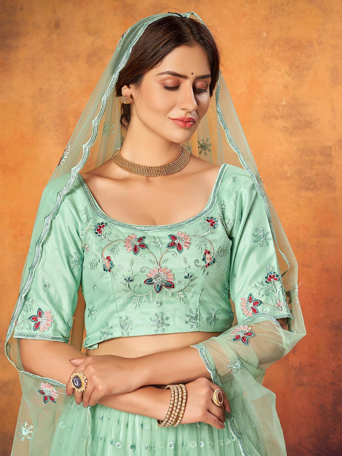 Odette Women Pretty Mint Green Net Semi Stitched Lehenga With  Unstitched Blouse - Image 5
