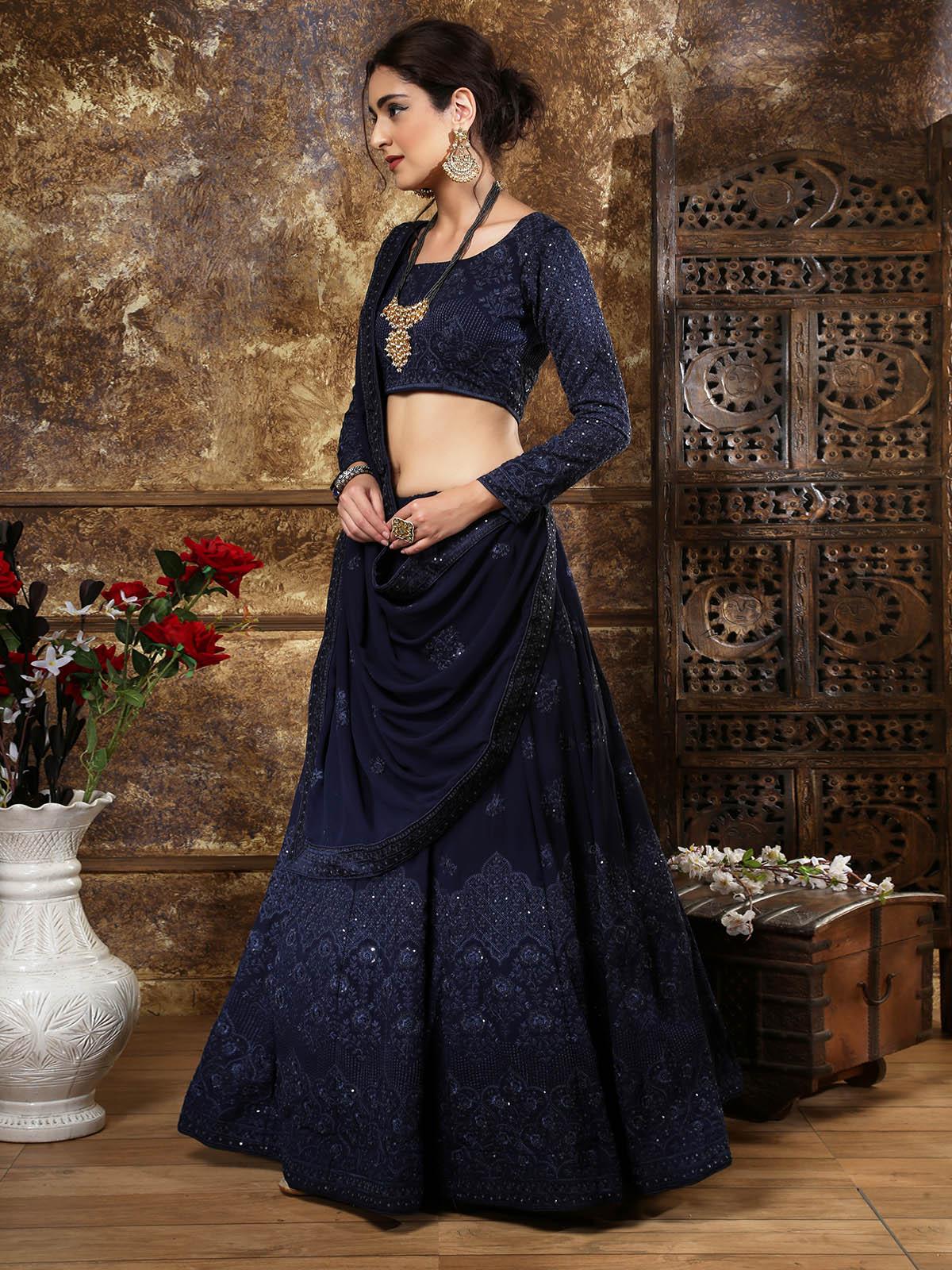 Odette Women Pretty Navy Blue Georgette Semi Stitched Lehenga With  Unstitched Blouse - Image 4