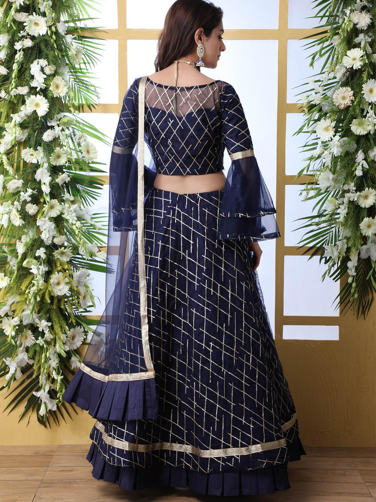 Odette Women Pretty Navy Blue Net Semi Stitched Lehenga With  Unstitched Blouse - Image 3
