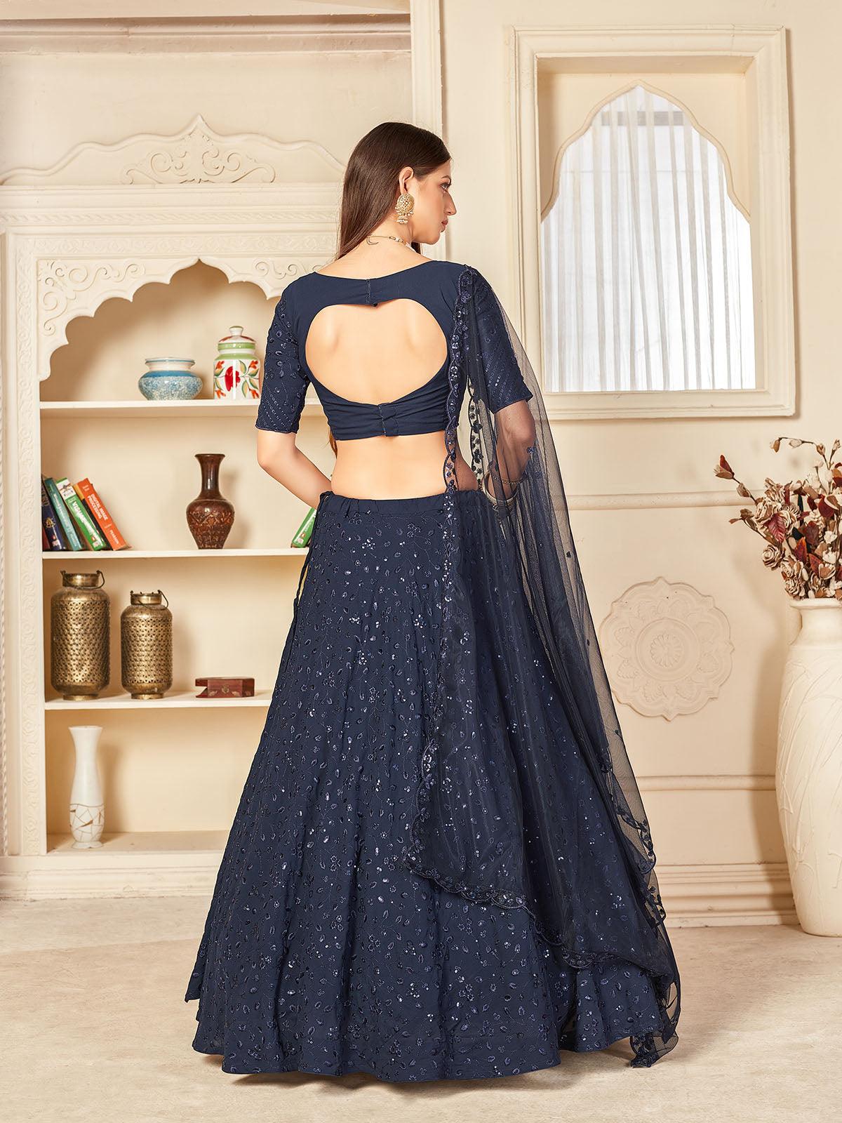 Odette Women Pretty Navy Georgette Semi Stitched Lehenga With  Unstitched Blouse - Image 4