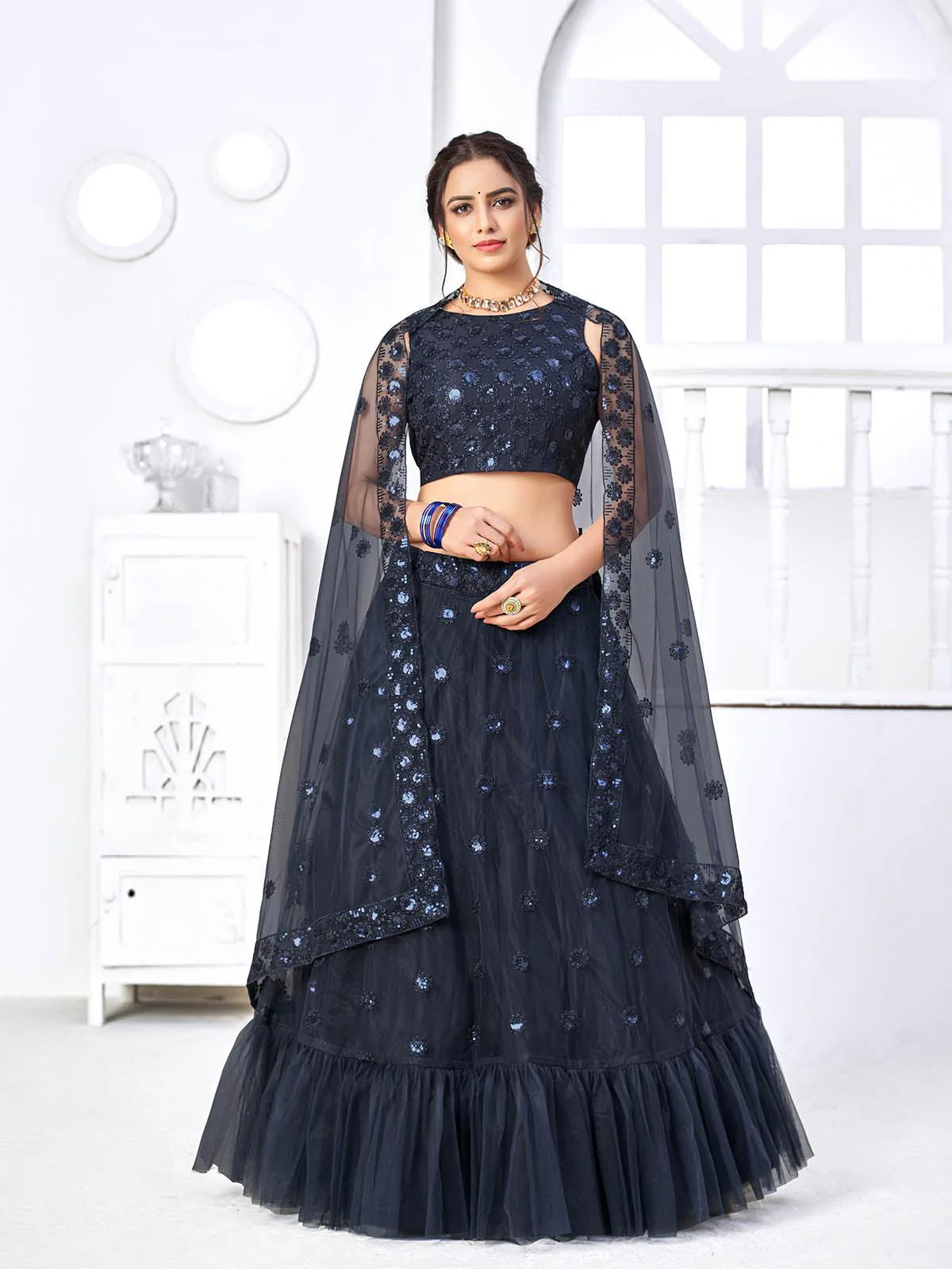 Odette Women Pretty Navy Net Semi Stitched Lehenga With  Unstitched Blouse - Image 2