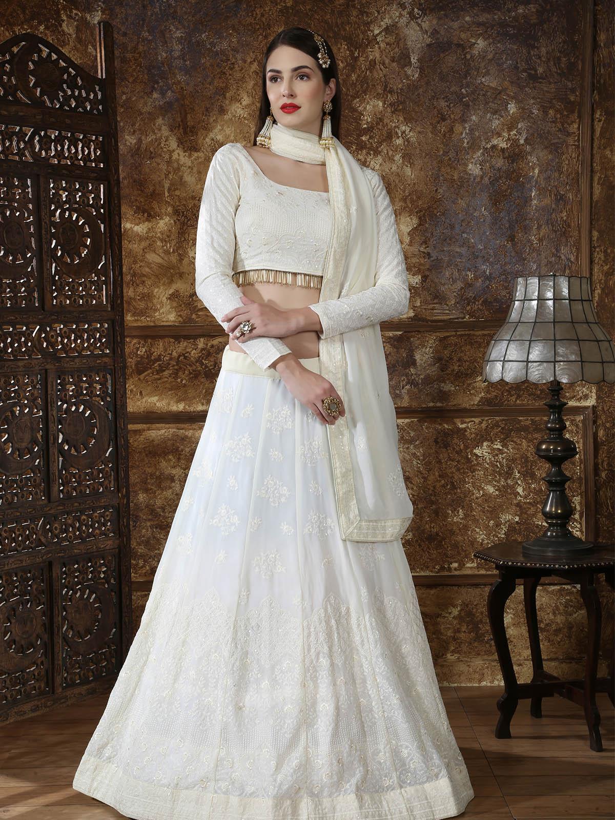 Odette Women Pretty Off-White Georgette Semi Stitched Lehenga With  Unstitched Blouse - Image 3