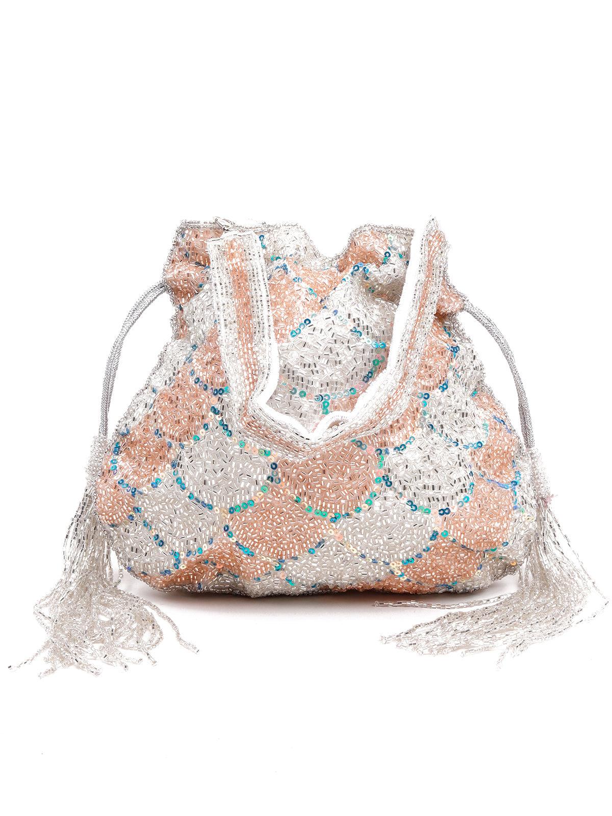 Odette Women Pretty Peach And White Sequence Potli Bag - Image 3