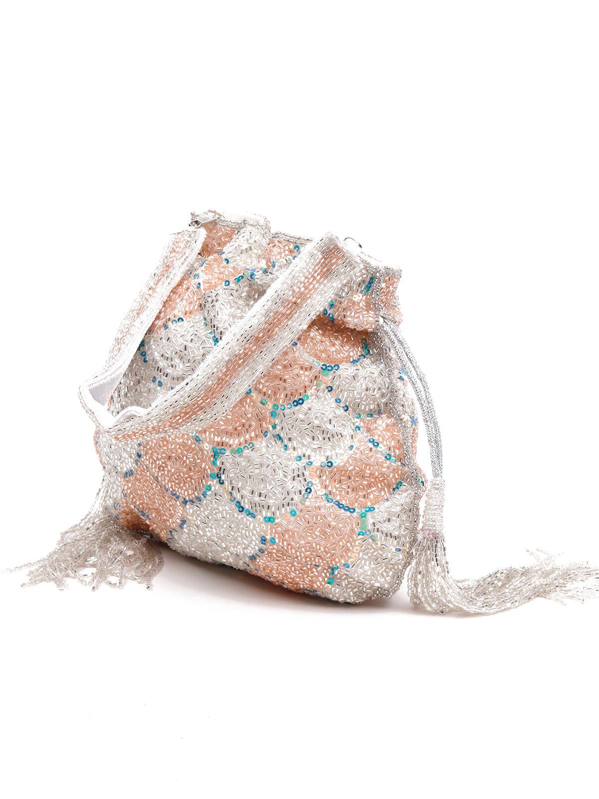 Odette Women Pretty Peach And White Sequence Potli Bag - Image 5