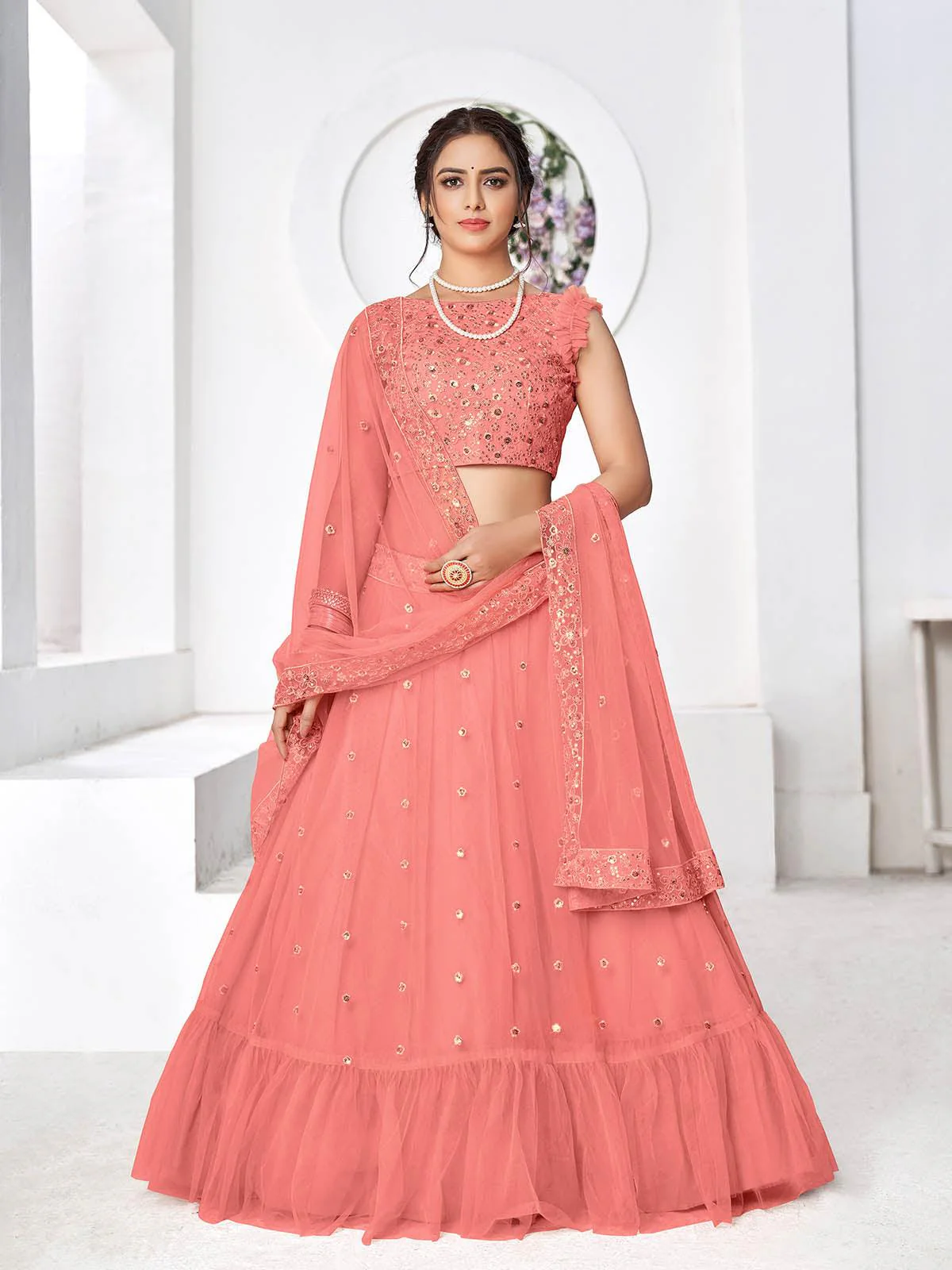 Odette Women Pretty Peach Net Semi Stitched Lehenga With  Unstitched Blouse - Image 3