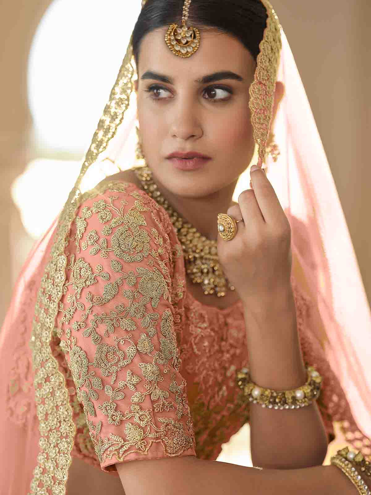 Odette Women Pretty Peach Soft Net Semi Stitched Lehenga With Unstitched Blouse - Image 3