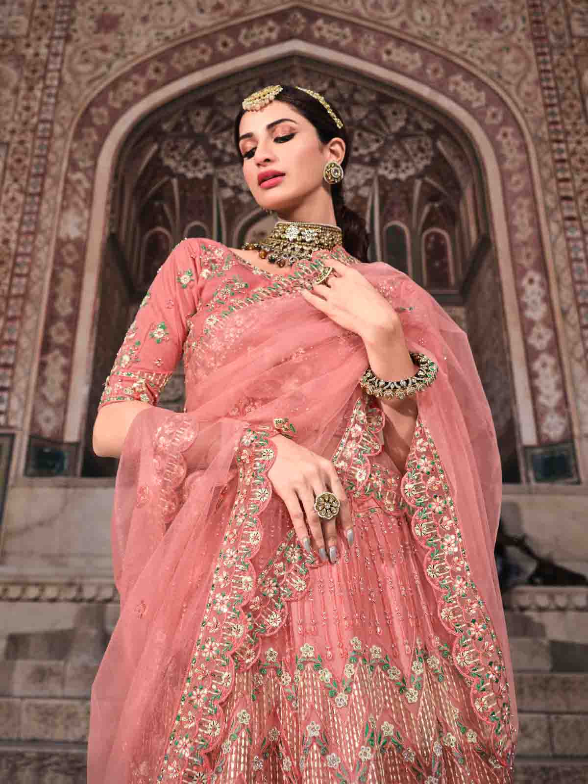 Odette Women Pretty Peach Soft Net Semi Stitched Lehenga With Unstitched Blouse - Image 3