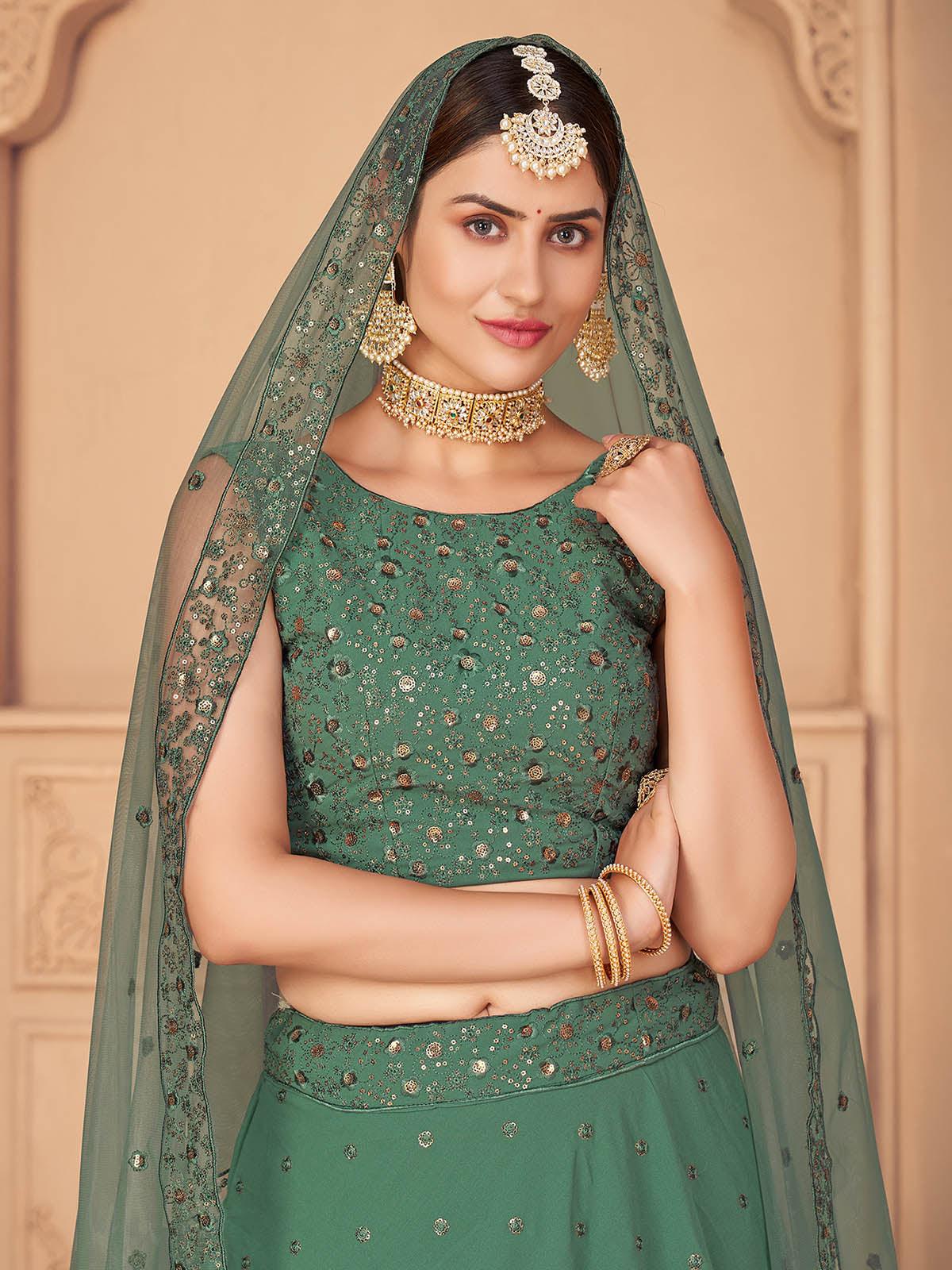 Odette Women Pretty Green Georgette Semi Stitched Lehenga With Unstitched Blouse - Image 3