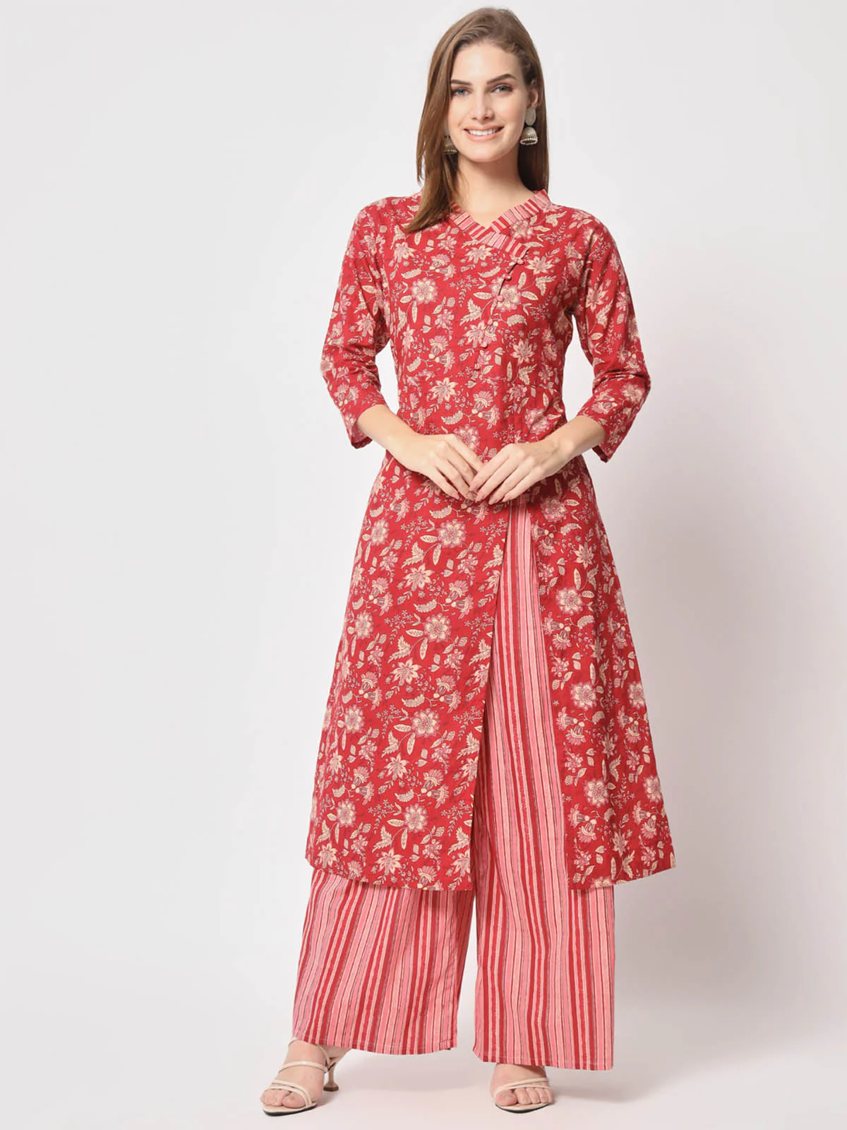 Odette Women Pretty Red Cotton Printed Stitched Kurta Set - Image 2