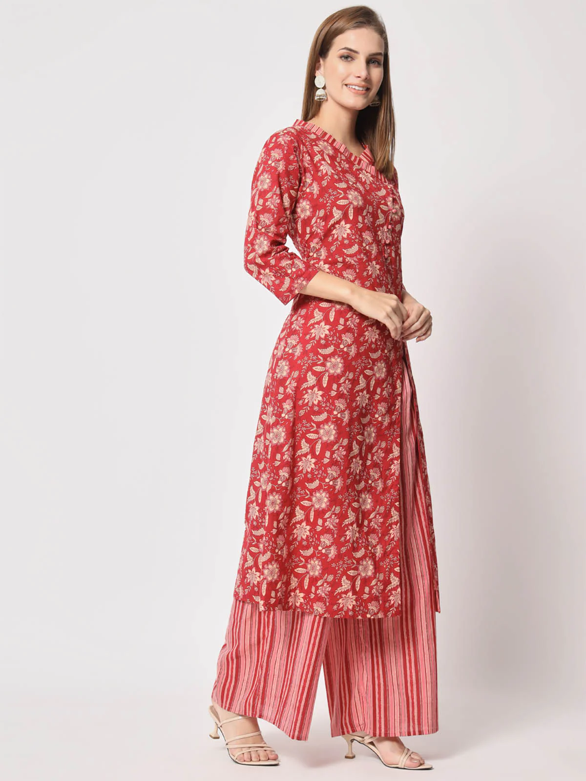 Odette Women Pretty Red Cotton Printed Stitched Kurta Set - Image 4