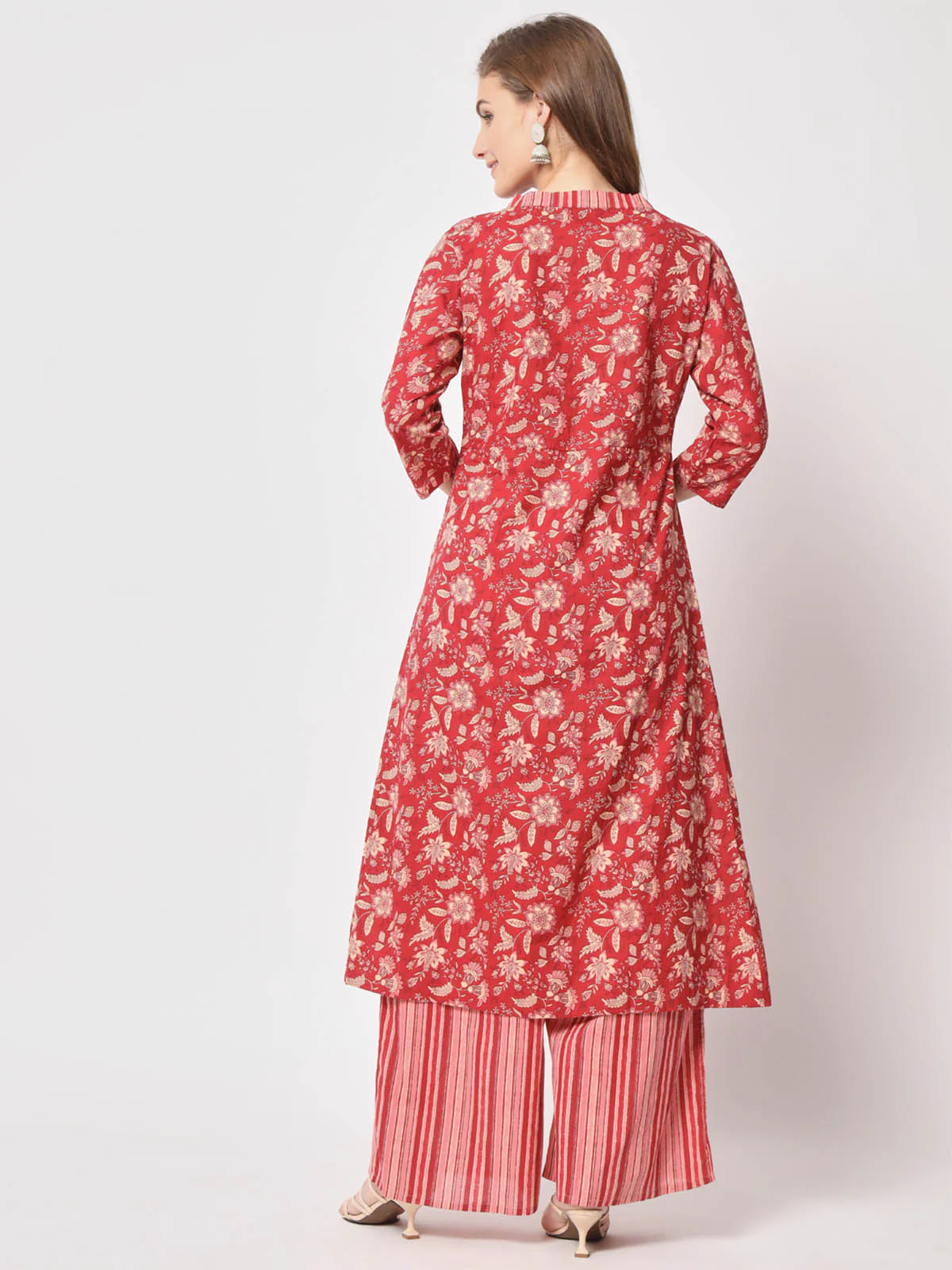 Odette Women Pretty Red Cotton Printed Stitched Kurta Set - Image 5