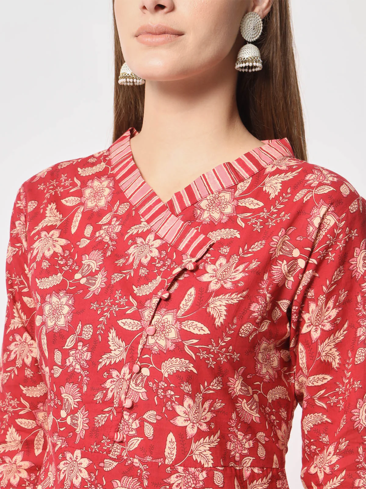 Odette Women Pretty Red Cotton Printed Stitched Kurta Set - Image 6