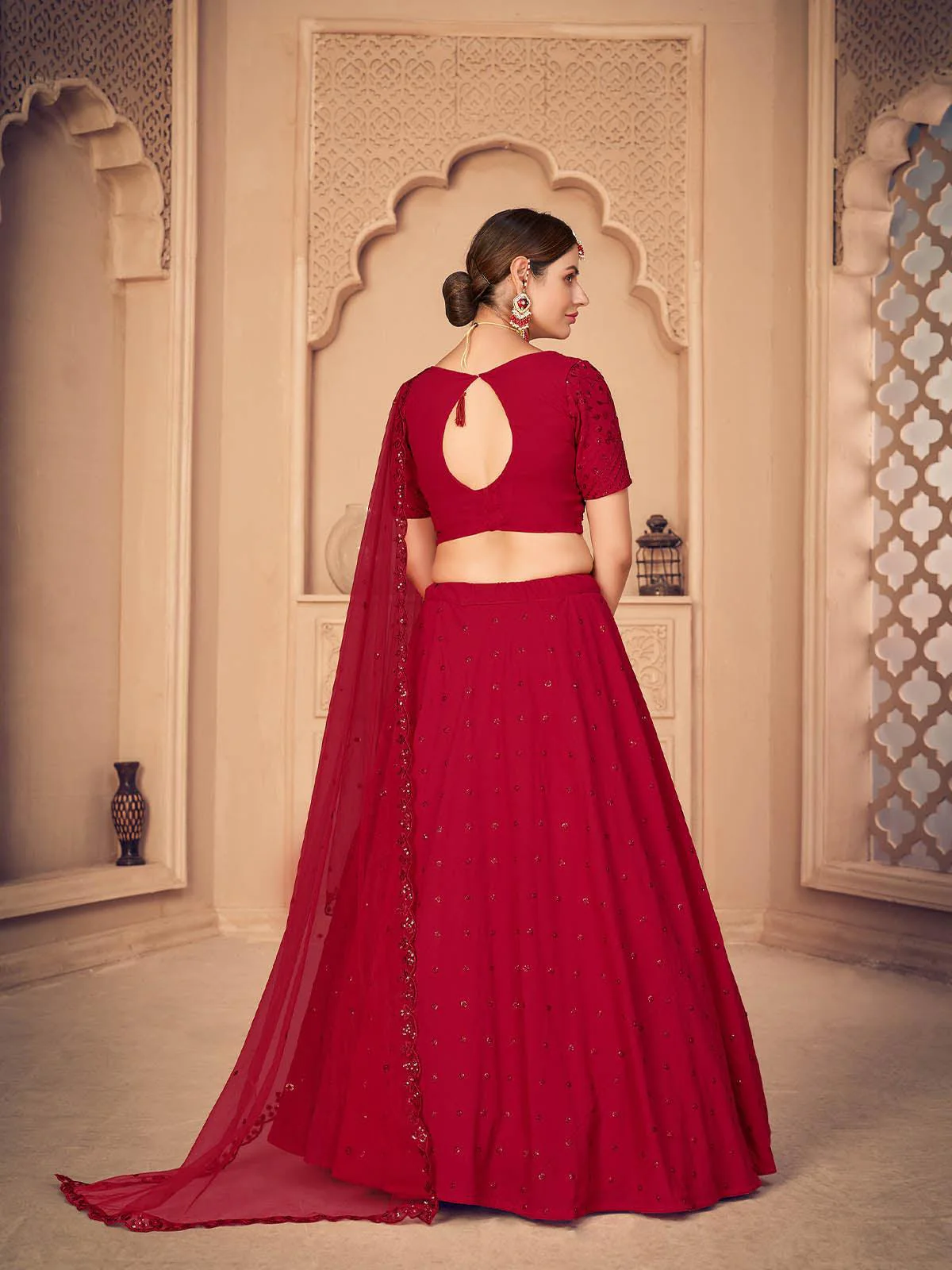 Odette Women Pretty Red Georgette Semi Stitched Lehenga With  Unstitched Blouse - Image 2