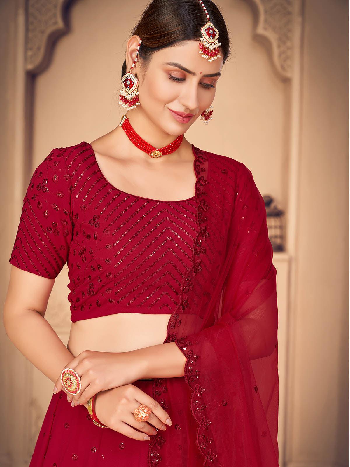 Odette Women Pretty Red Georgette Semi Stitched Lehenga With  Unstitched Blouse - Image 4