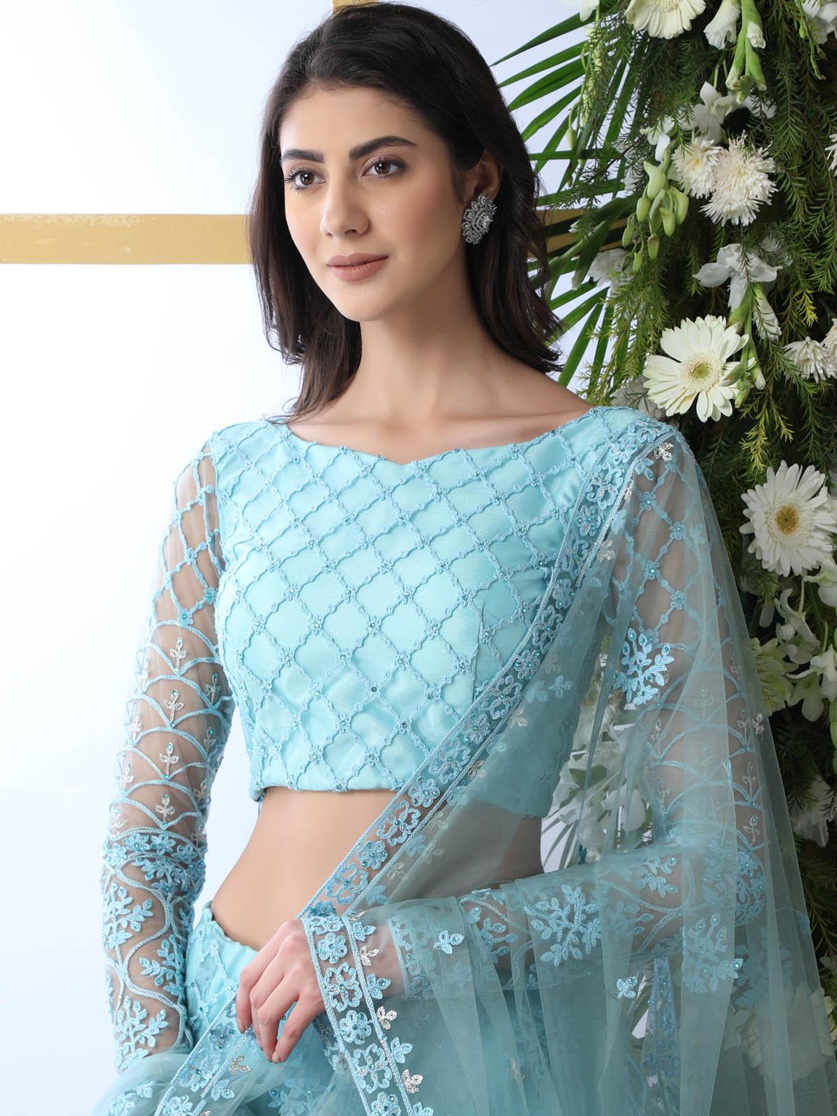 Odette Women Pretty Sky Blue Net Semi Stitched Lehenga With  Unstitched Blouse - Image 5