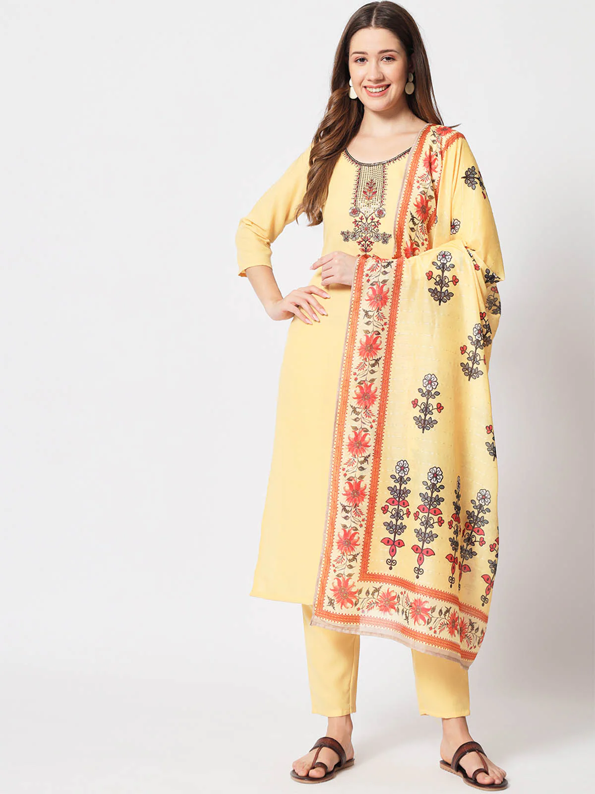 Odette Women Pretty Yellow Cotton Embroidered Stitched Kurta Set - Image 2