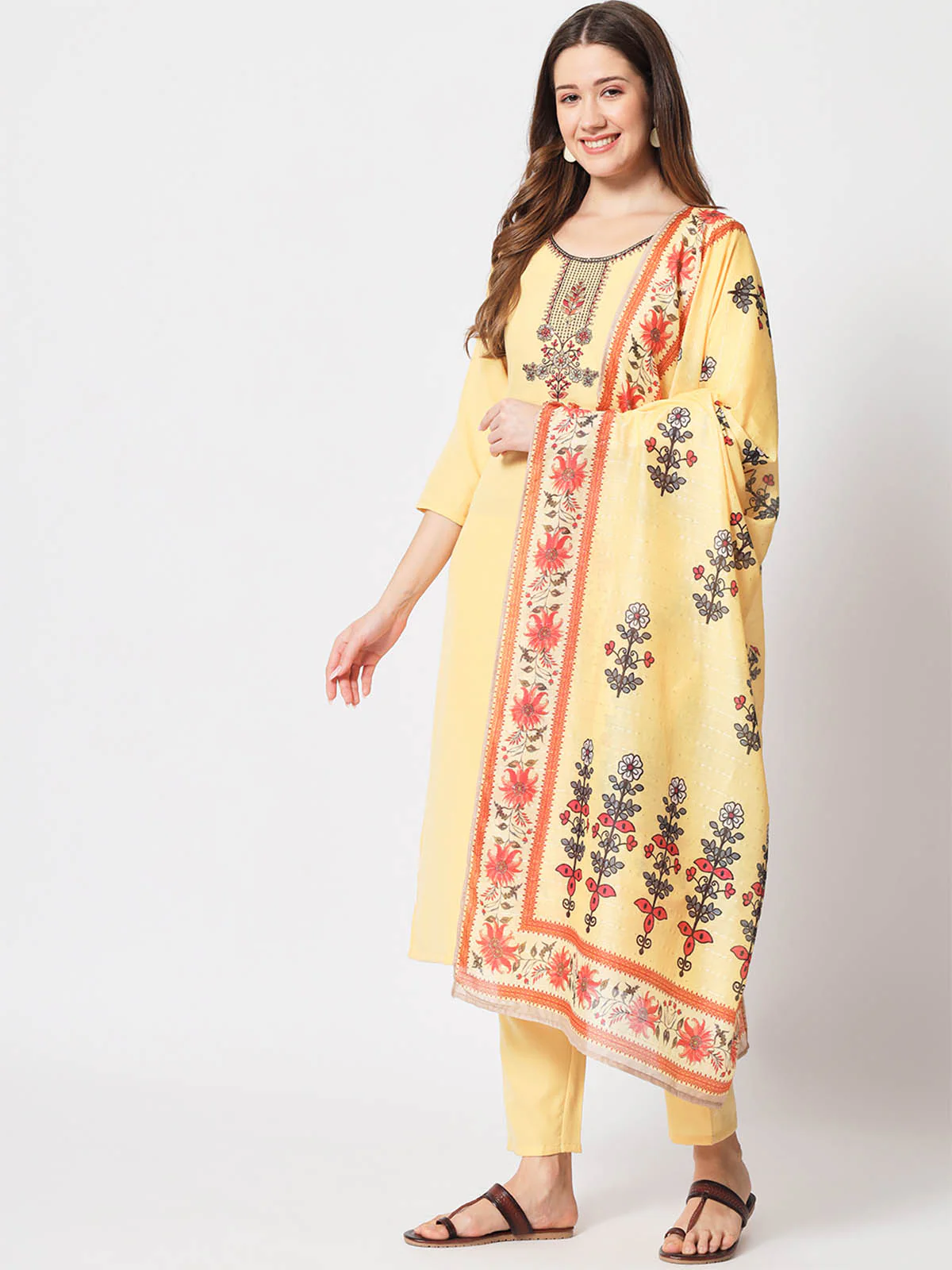 Odette Women Pretty Yellow Cotton Embroidered Stitched Kurta Set - Image 3