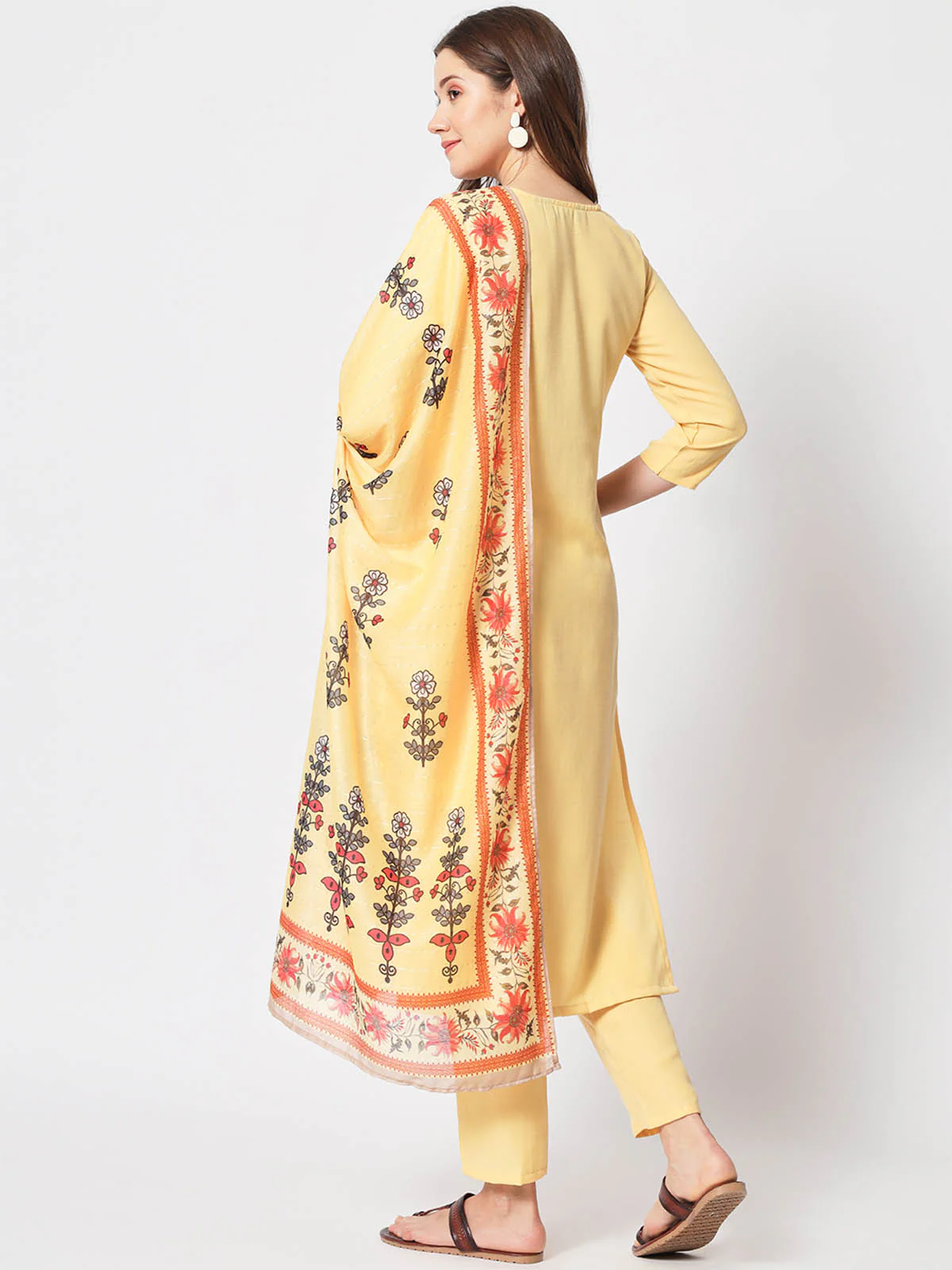 Odette Women Pretty Yellow Cotton Embroidered Stitched Kurta Set - Image 5