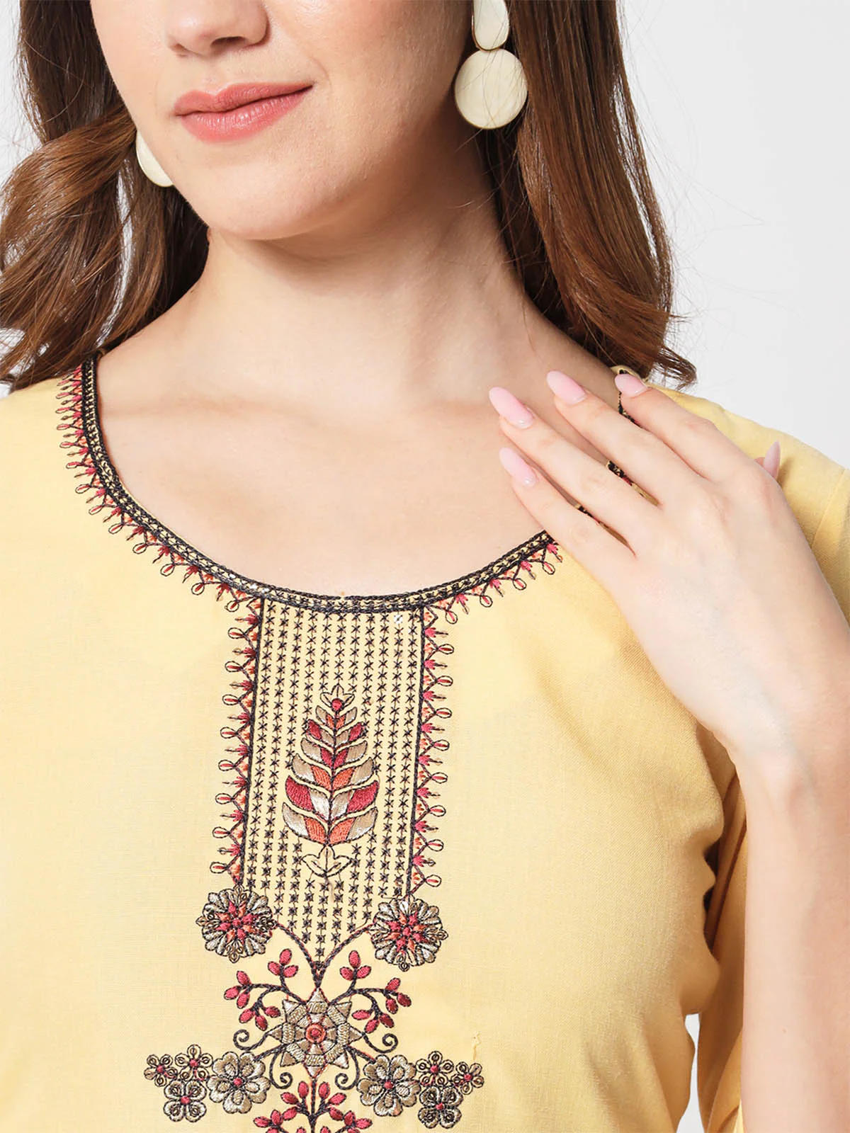 Odette Women Pretty Yellow Cotton Embroidered Stitched Kurta Set - Image 7