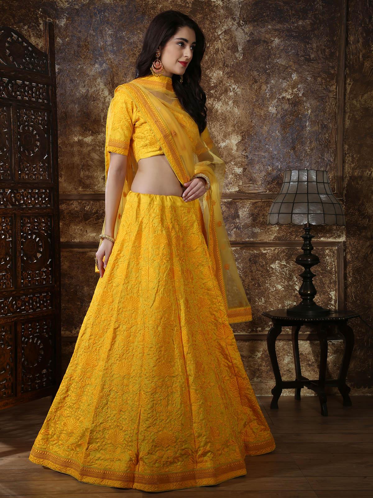 Odette Women Pretty Yellow Silk Semi Stitched Lehenga With  Unstitched Blouse - Image 3