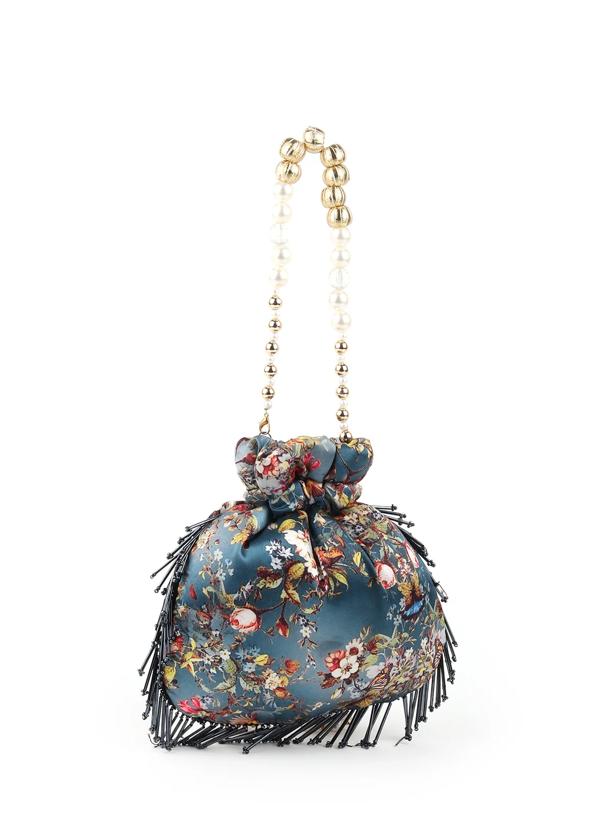 Odette Women Printed Teal Potli Bag With Metallic Tassels - Image 5