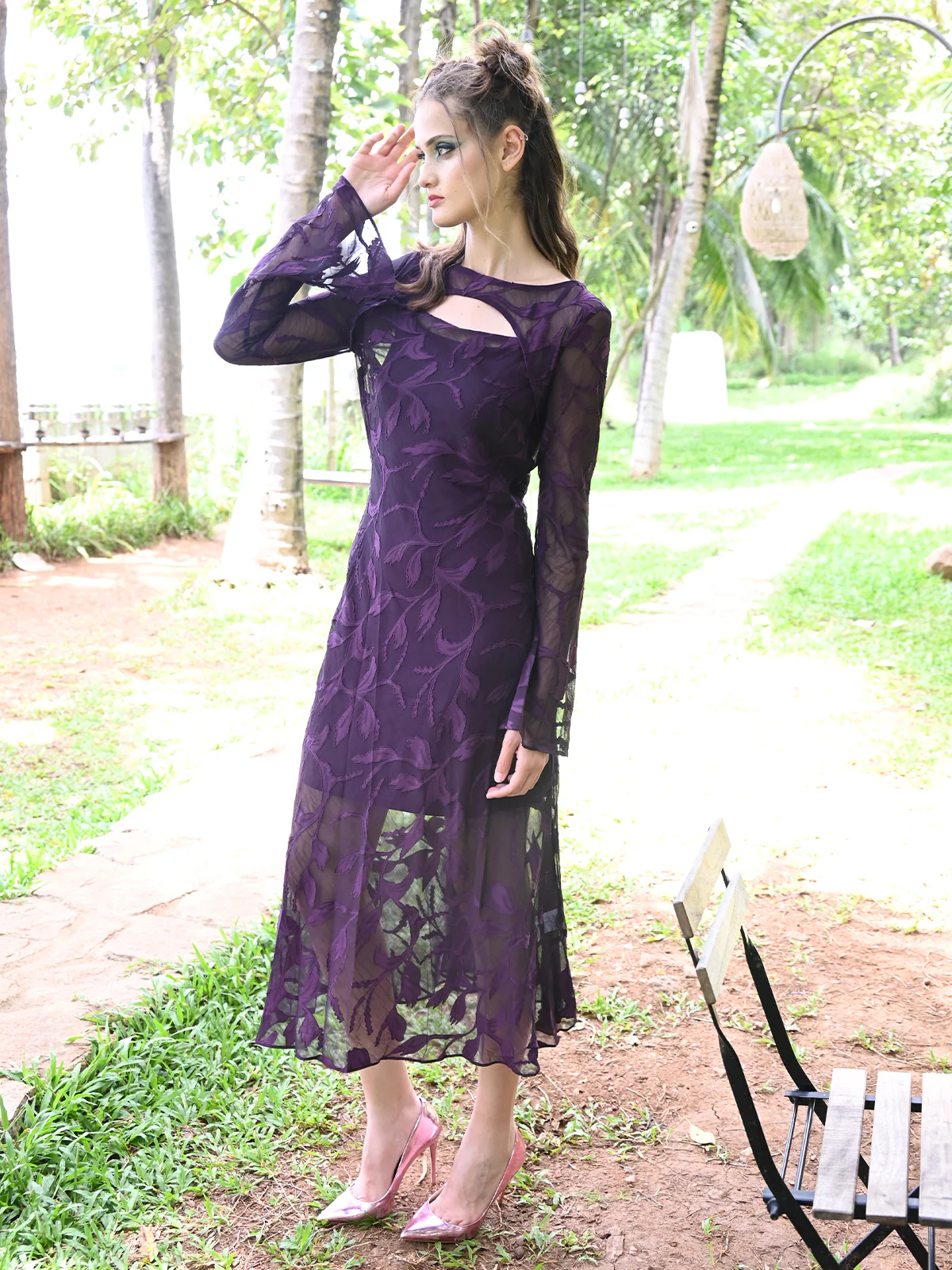 Odette Women Purple Brasso Georgette Self Design Long Dress - Image 2