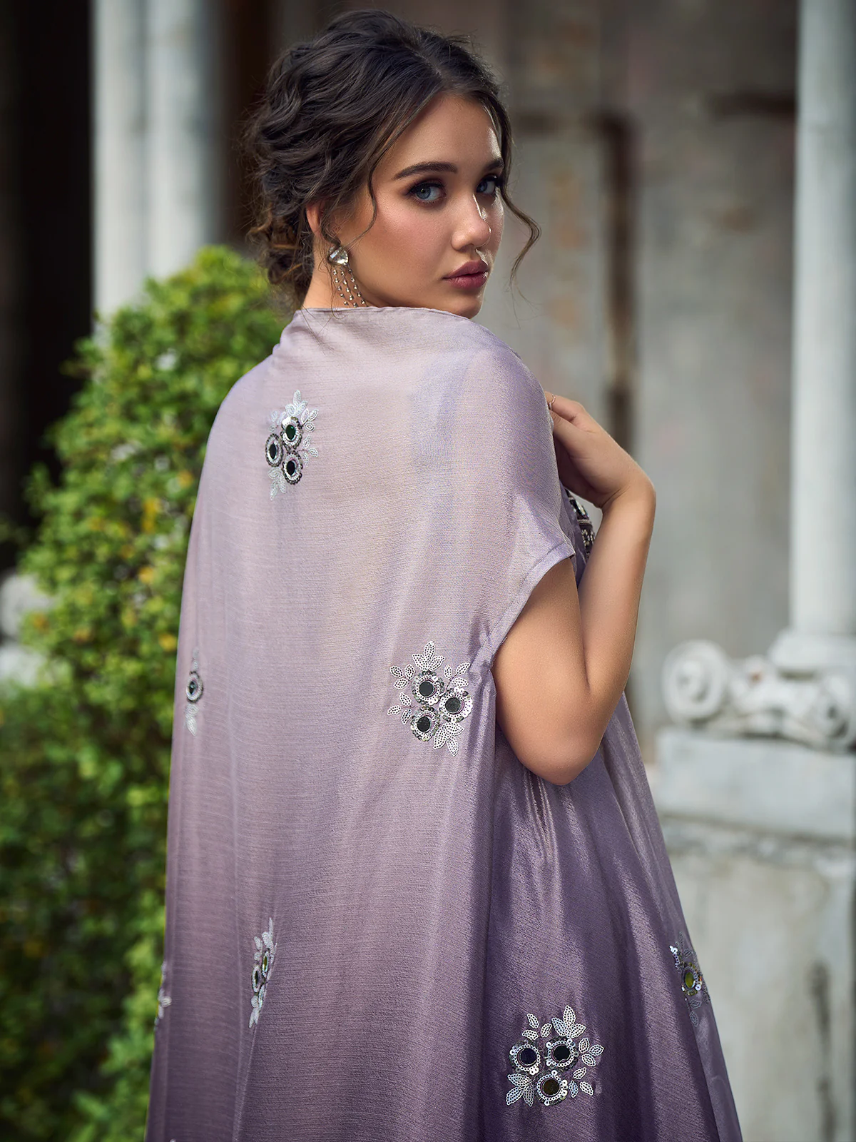 Odette Women Purple Chinon Semi Stitched Indo-Western Dress - Image 3