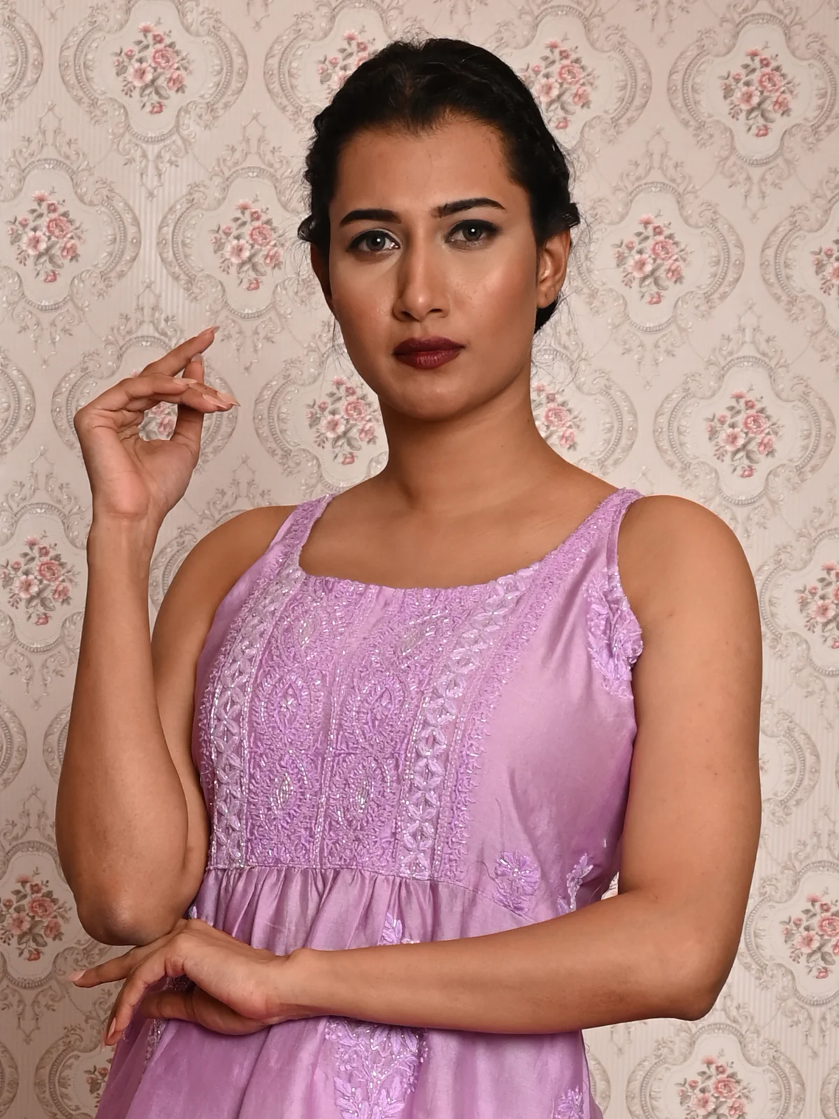 Odette Women Purple Cotton Chikankari Beads Embroidered Stitched Kurta With Dupatta - Image 2