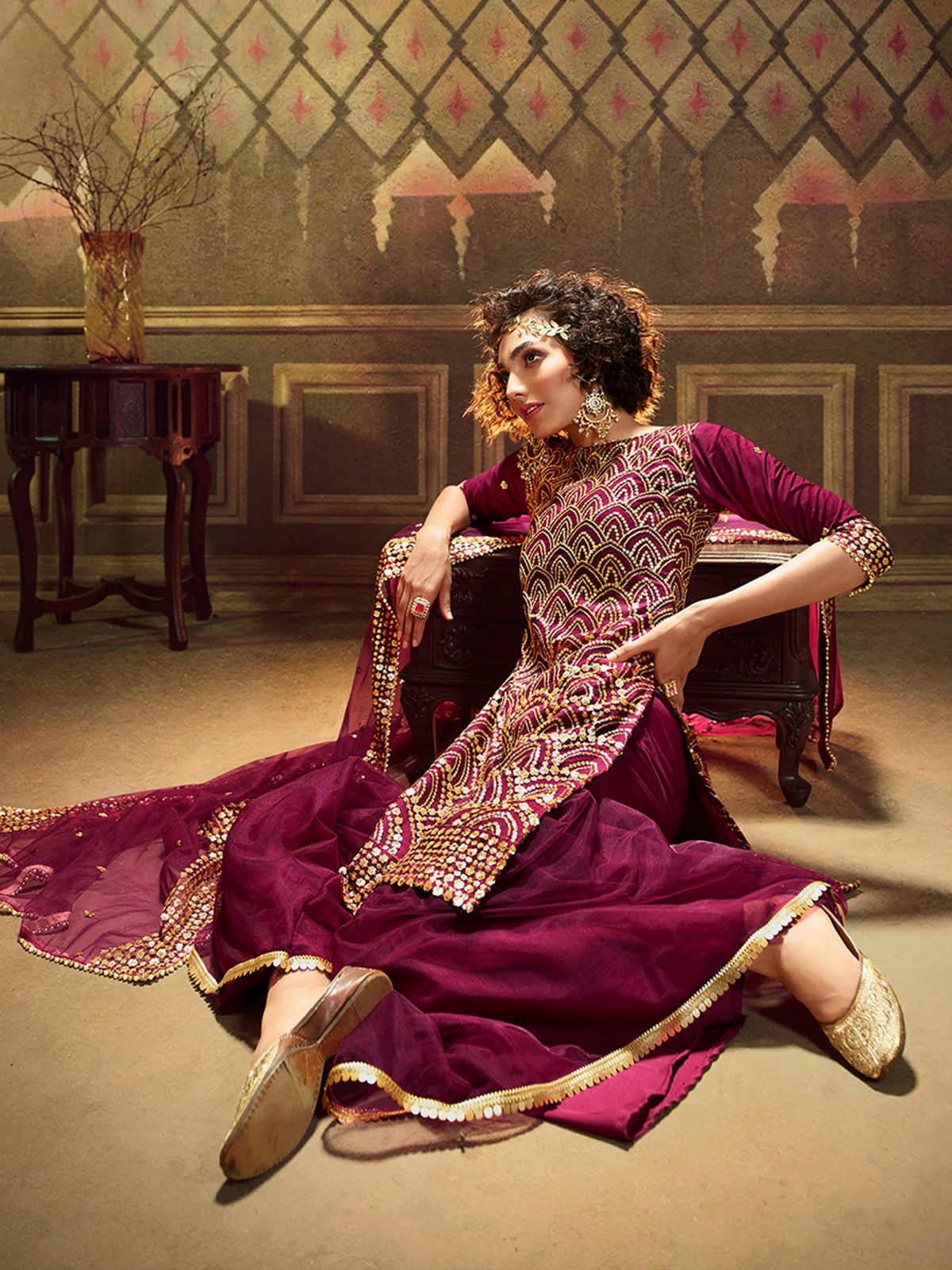 Odette Women Purple Designer Semi Stitched Kurta Set - Image 2