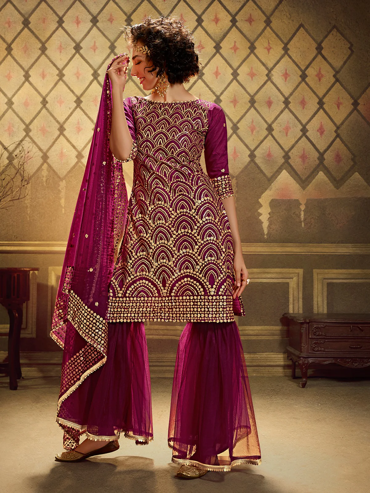 Odette Women Purple Designer Semi Stitched Kurta Set - Image 3