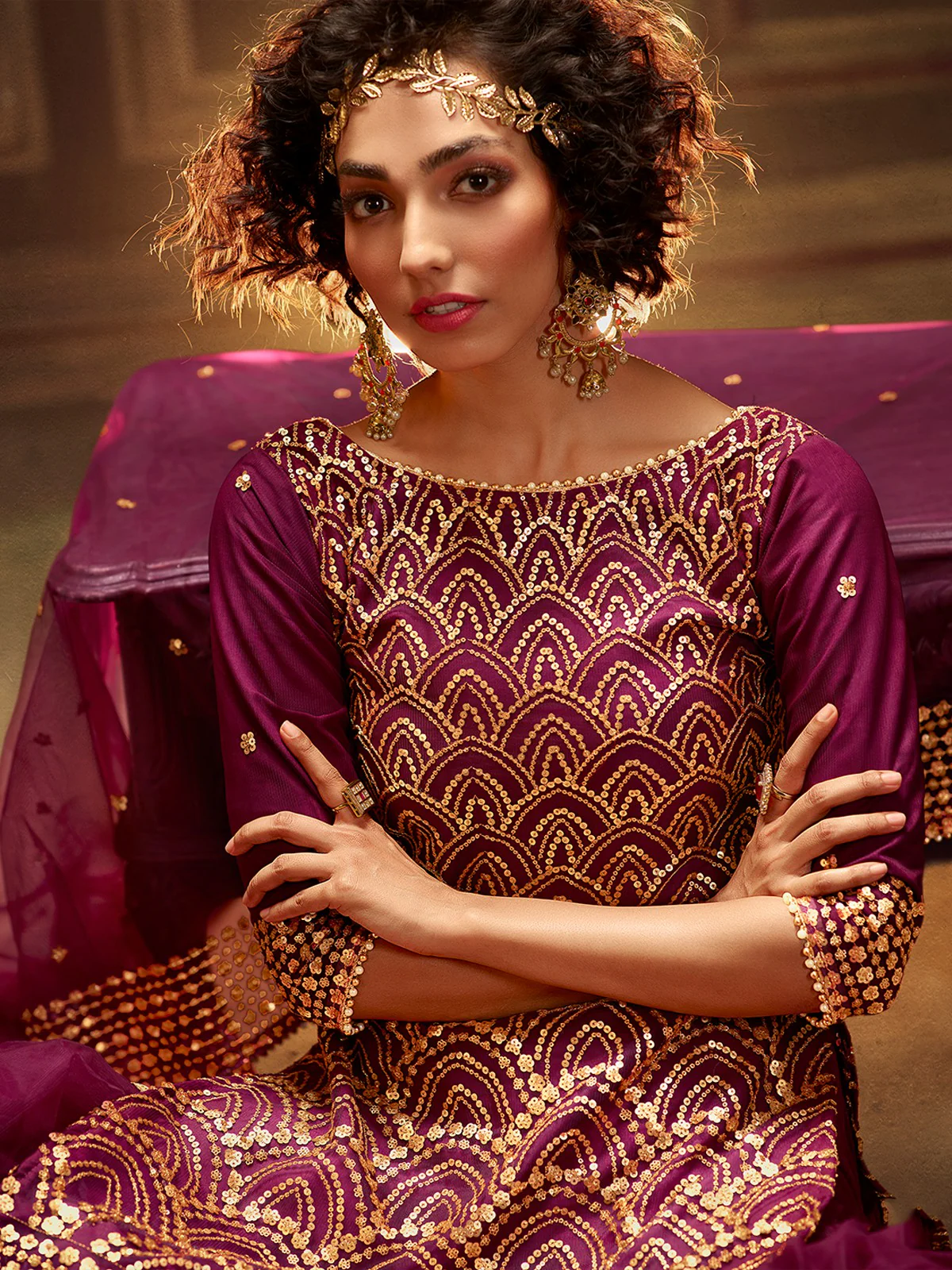 Odette Women Purple Designer Semi Stitched Kurta Set - Image 4