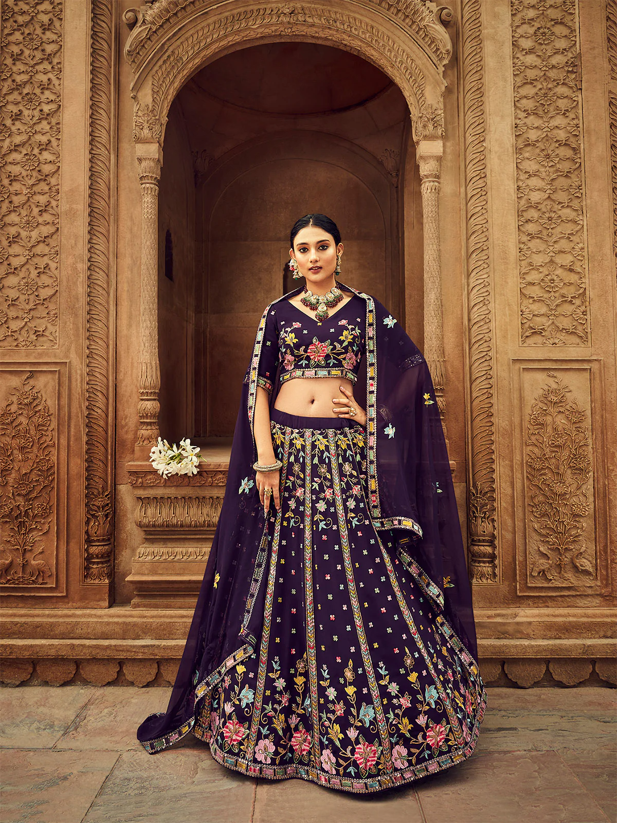 Odette Women Purple Embroidered Festive Semi Stitched Lehenga With  Unstitched Blouse - Image 2