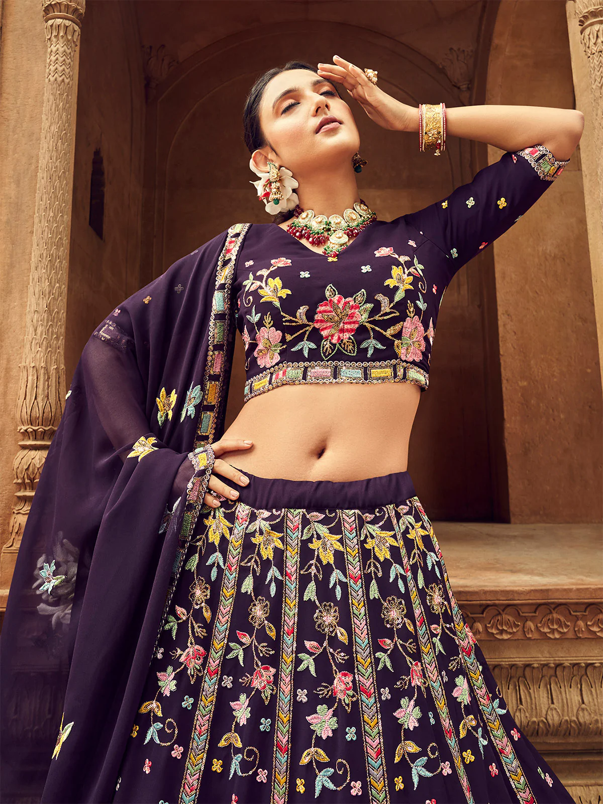 Odette Women Purple Embroidered Festive Semi Stitched Lehenga With  Unstitched Blouse - Image 4