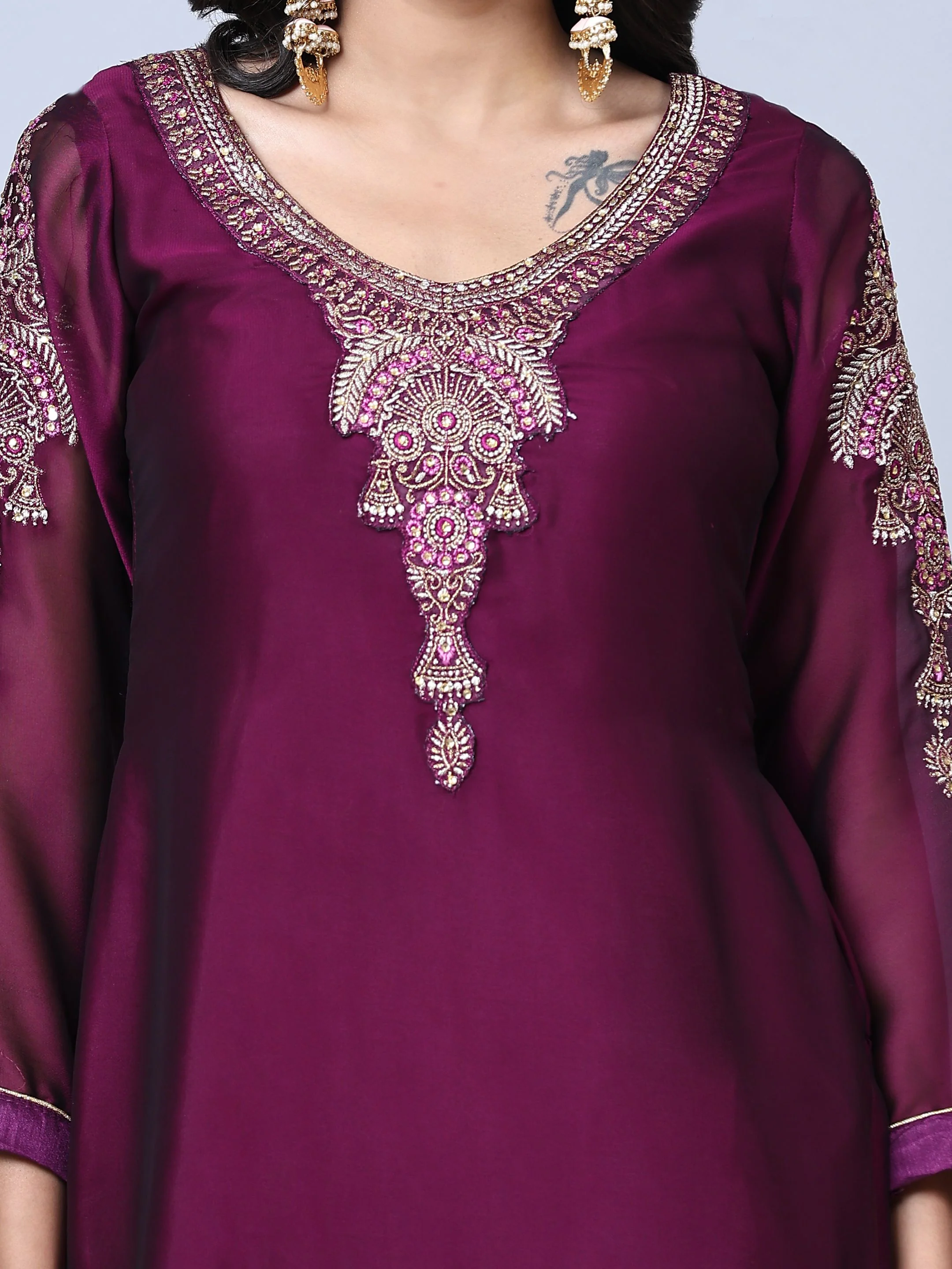 Odette Women Purple Embroidered Georgette Semi Stitched Salwar Suit - Image 6