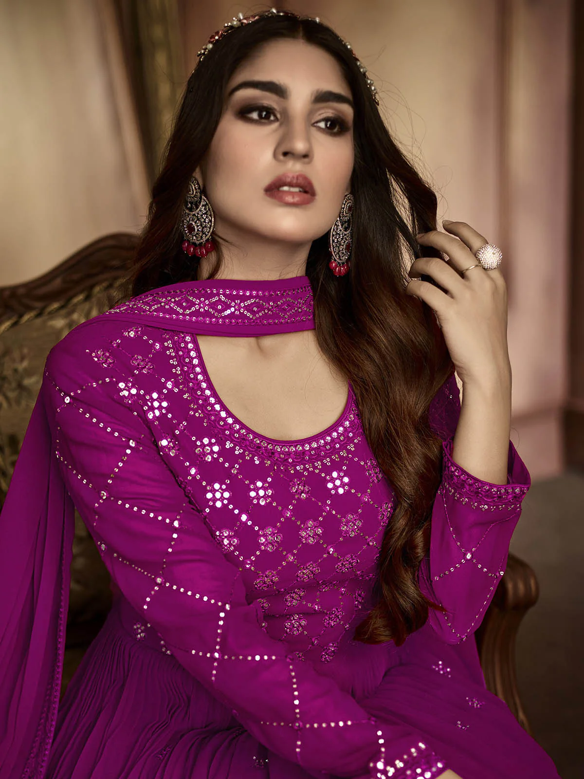Odette Women Purple Embroidered Georgette Semi Stitched Gown - Image 2