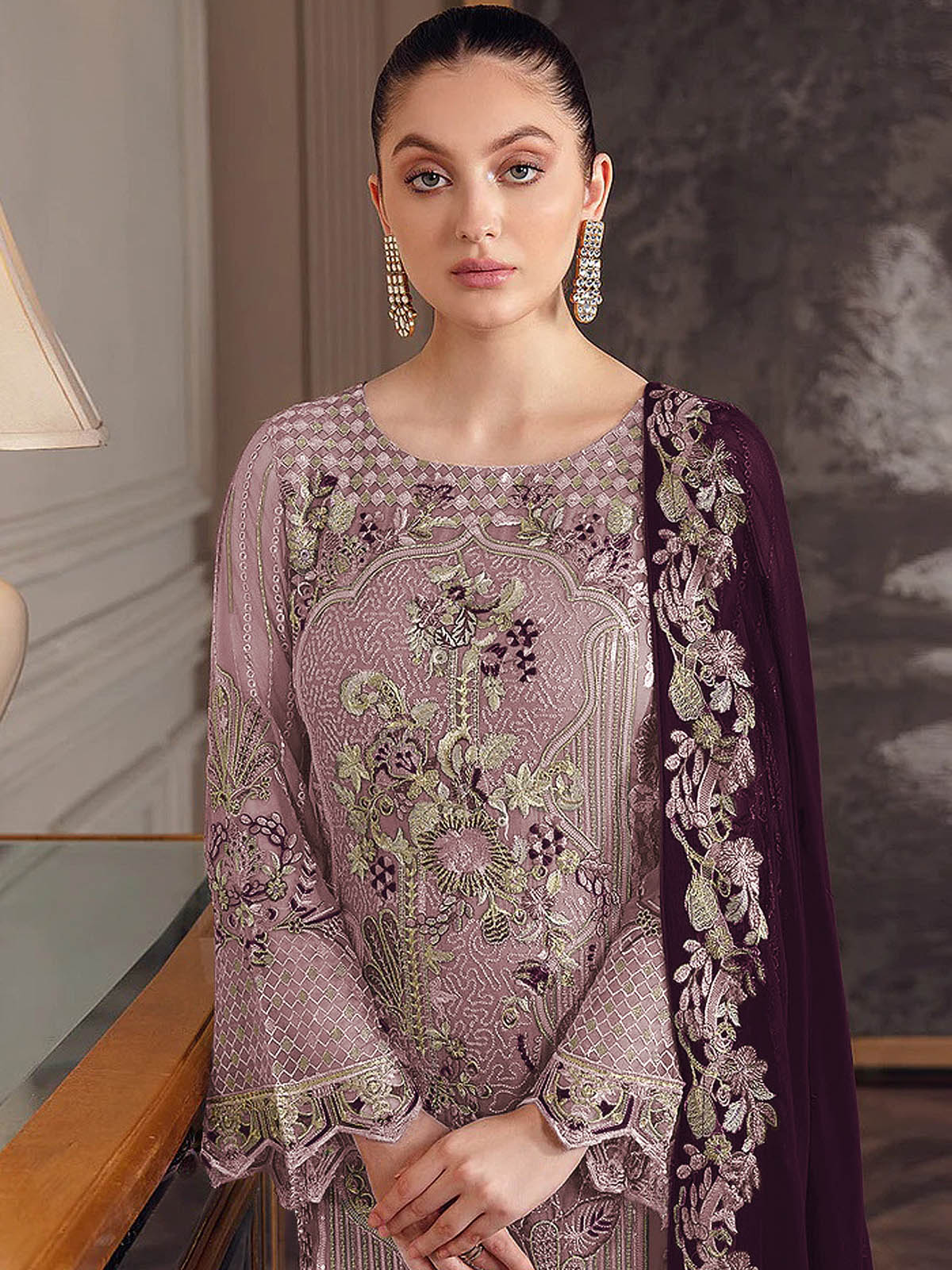 Odette Women Purple Embroidered Georgette Semi Stitched Salwar Suit - Image 2