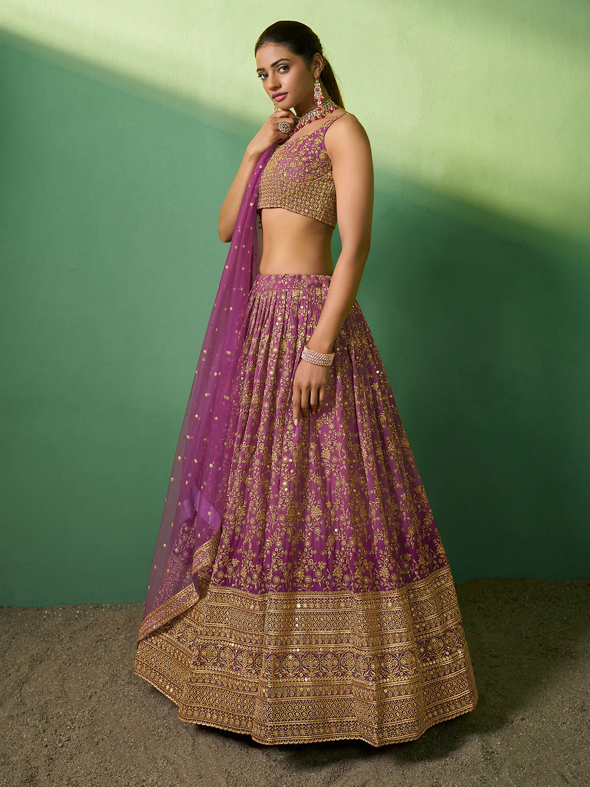 Odette Women Lavender Embroidered Gerorgette Semi Stitched Lehenga With Unstitched Blouse - Image 3