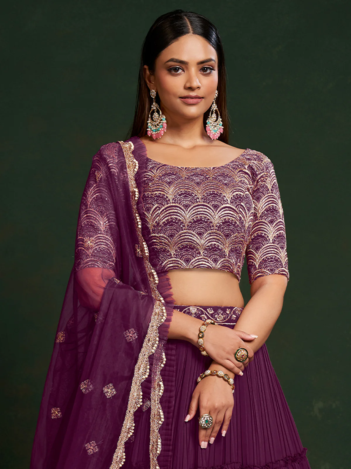 Odette Women Purple Faux Georgette Semi Stitched Lehenga Choli - Image 3