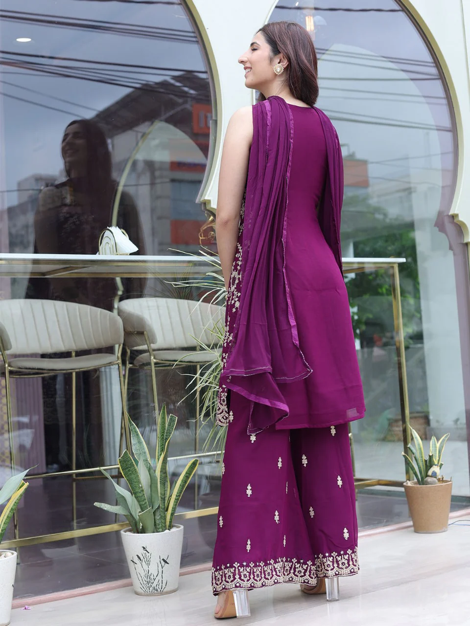 Odette Women Violet Faux Georgette Embroidered Semi Stitched Palazzo Suit - Image 3