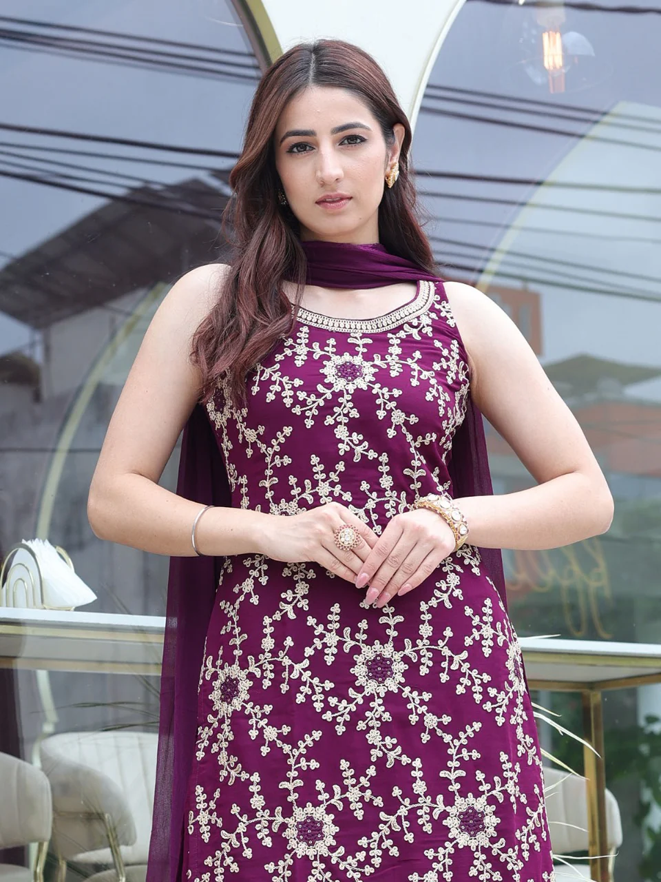 Odette Women Violet Faux Georgette Embroidered Semi Stitched Palazzo Suit - Image 4
