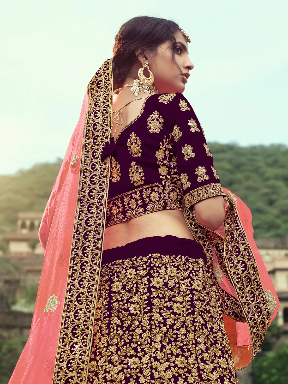 Odette Women Purple Embroidered Semi Stitched Lehenga With Unstitched Blouse - Image 3