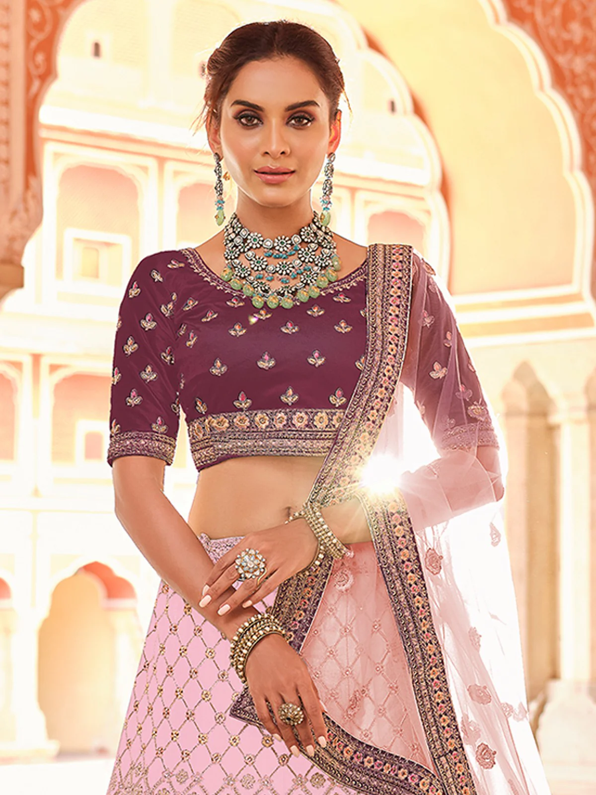 Odette Women Purple Embroidered Velvet Semi Stitched Lehenga With Unstitched Blouse - Image 2