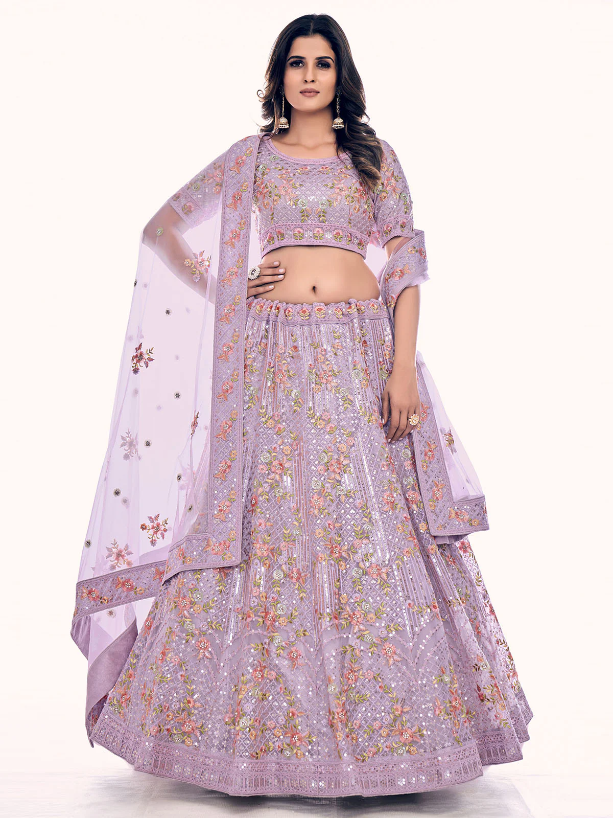 Odette Women Purple Net Semi Stitched Lehenga With Unstitched Blouse - Image 3