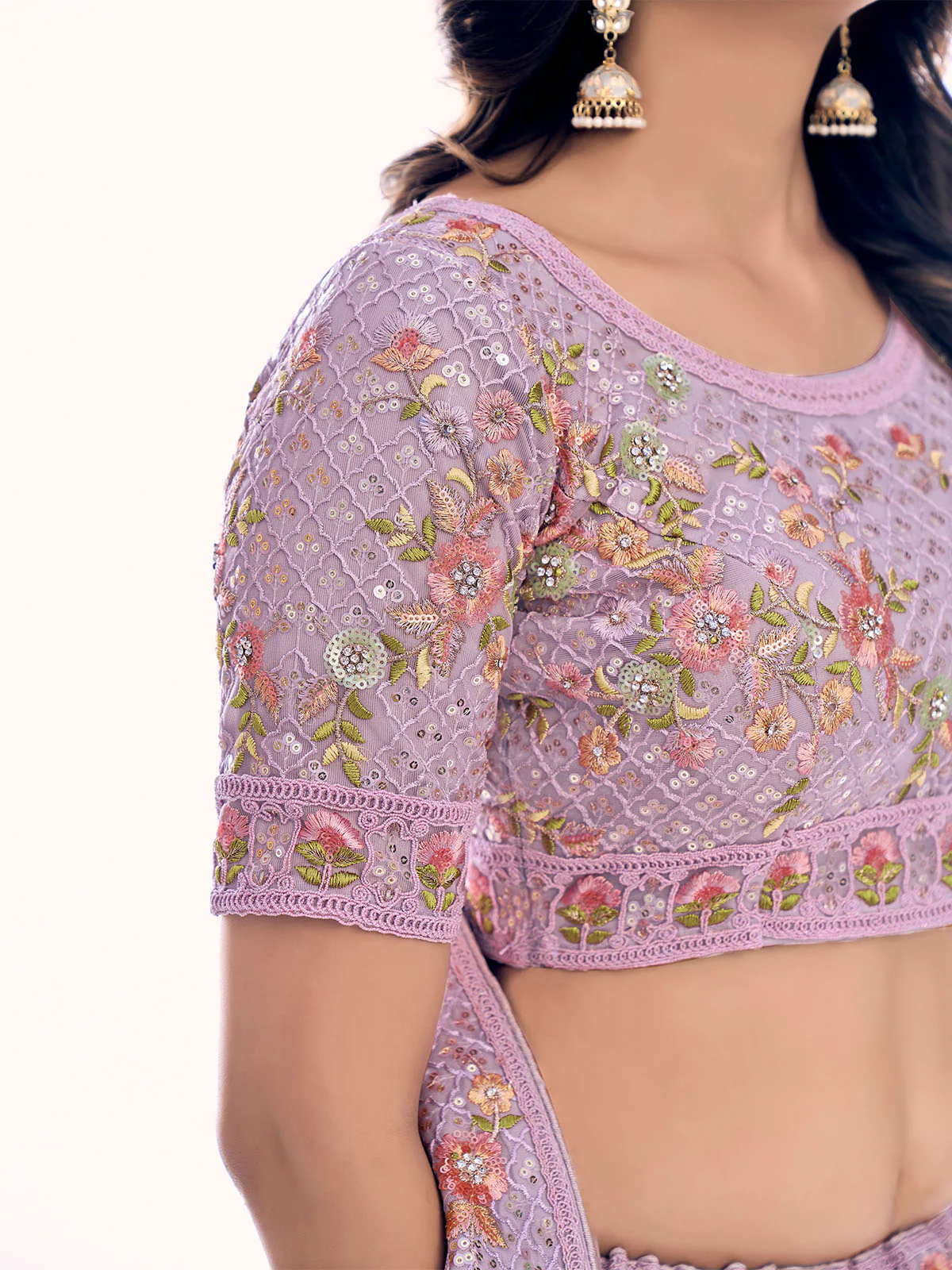 Odette Women Purple Net Semi Stitched Lehenga With Unstitched Blouse - Image 8