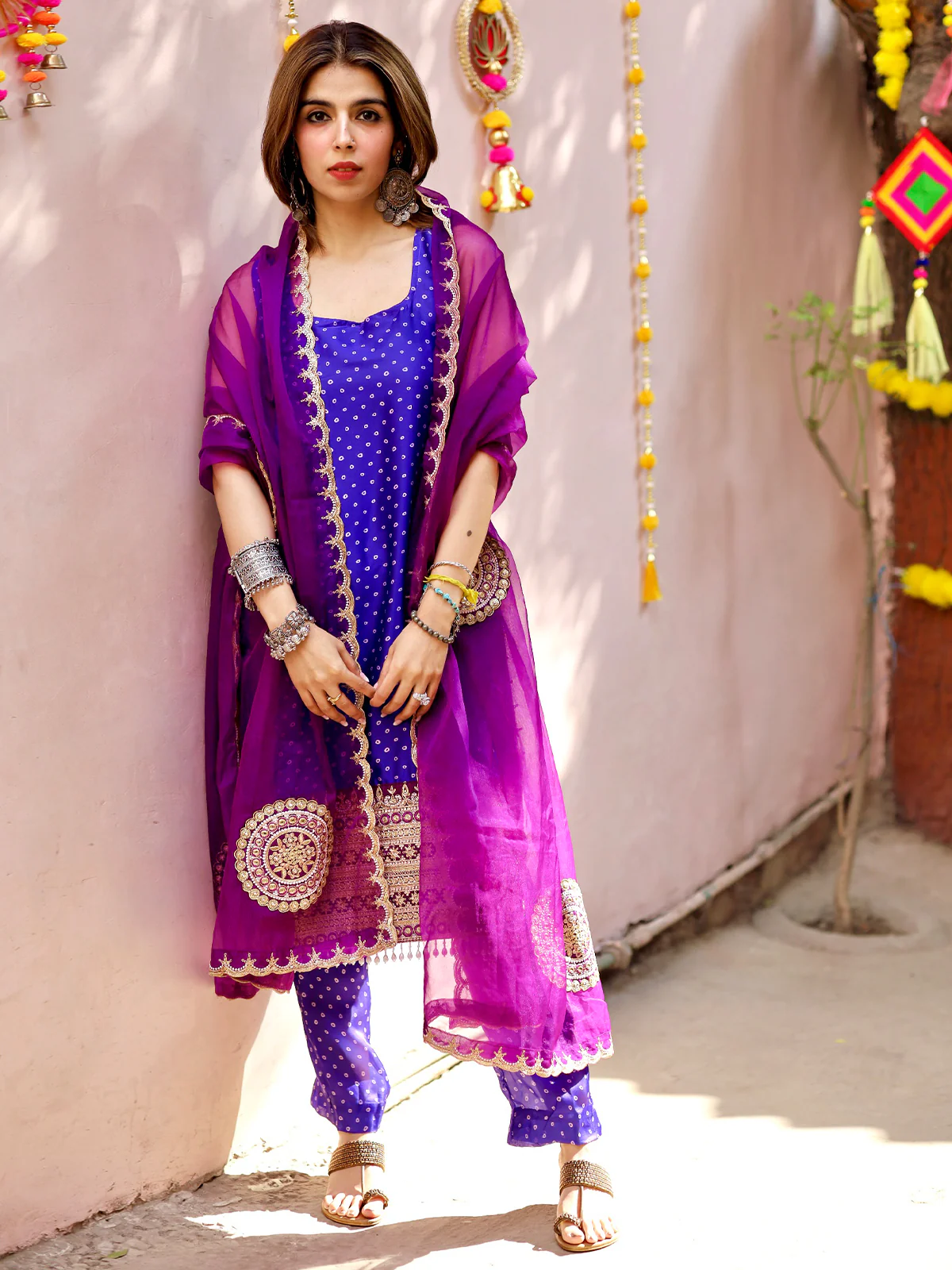 Odette Women Violet Satin Embroidered Stitched Kurta Set - Image 2
