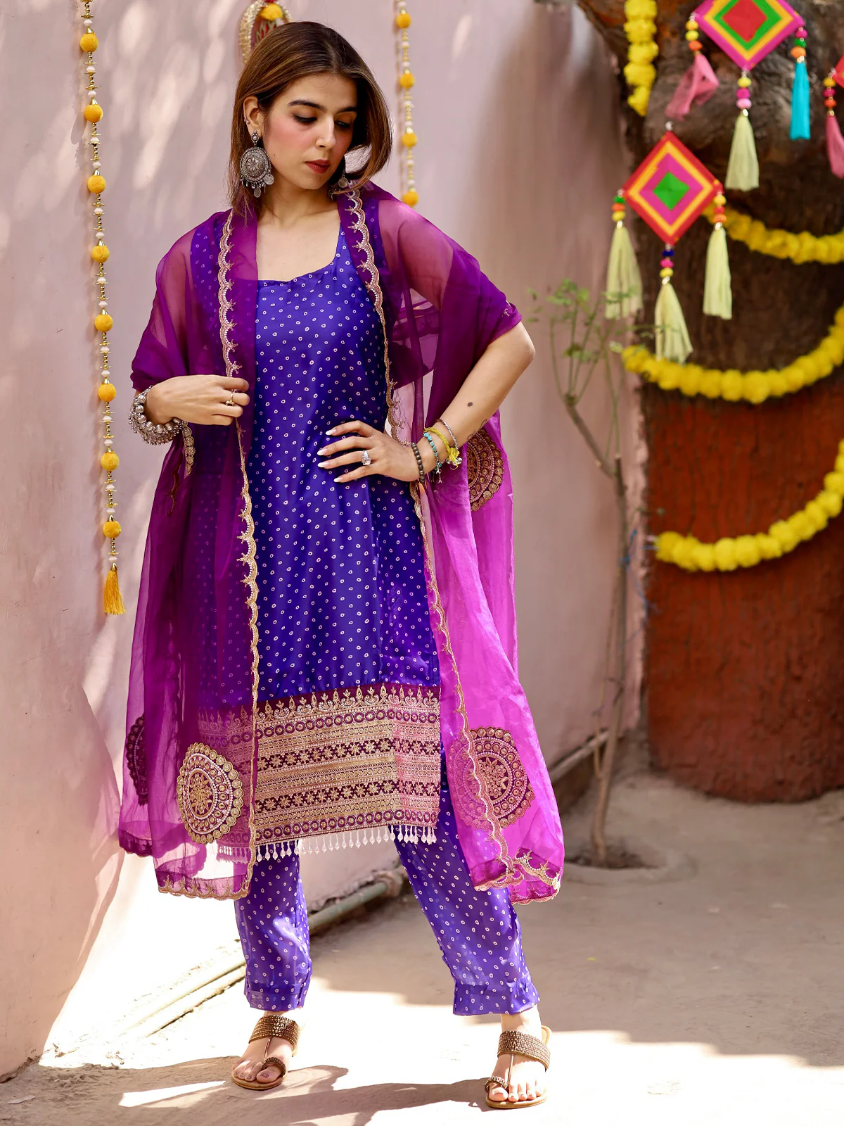 Odette Women Violet Satin Embroidered Stitched Kurta Set - Image 3