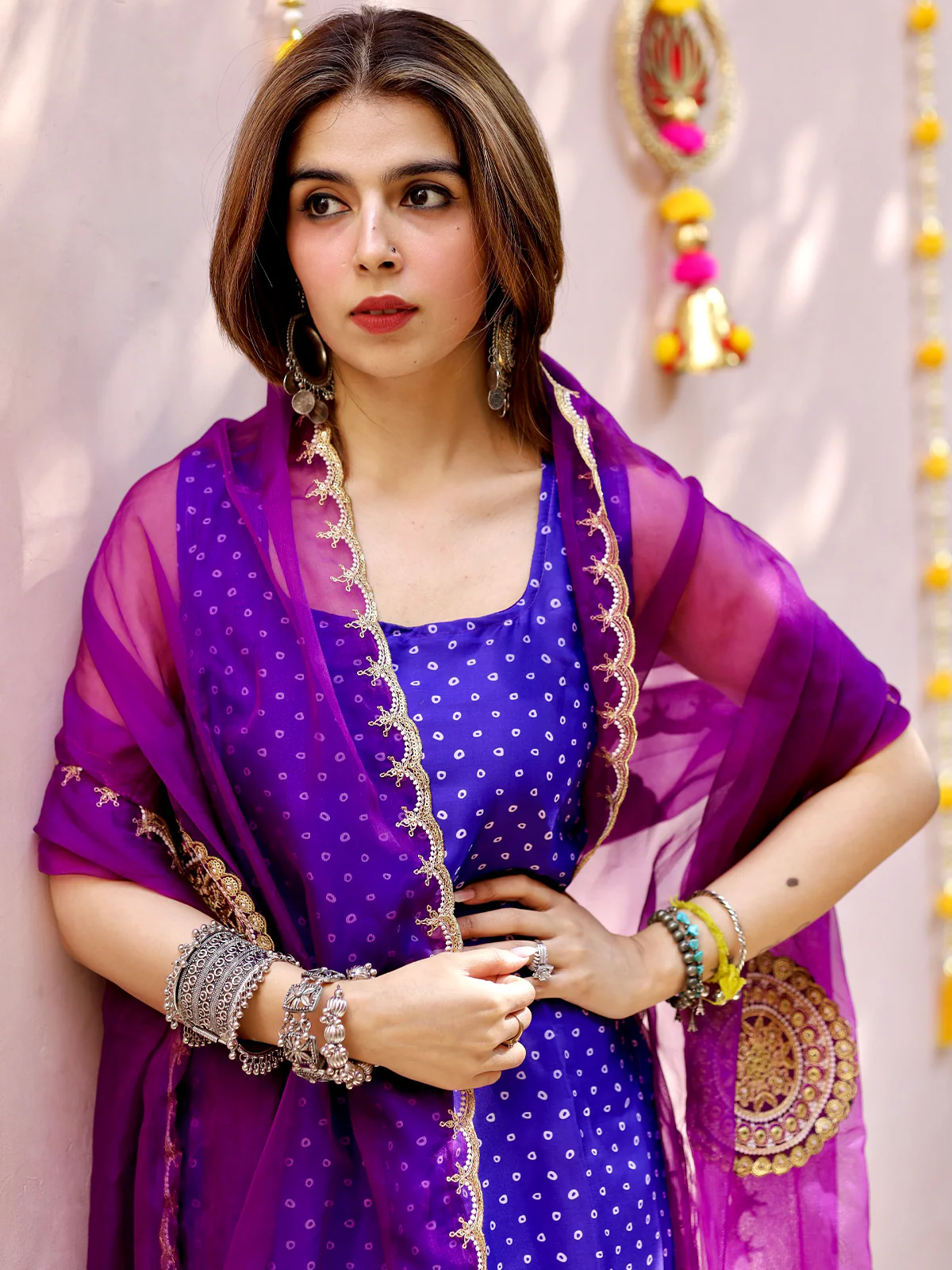 Odette Women Violet Satin Embroidered Stitched Kurta Set - Image 5