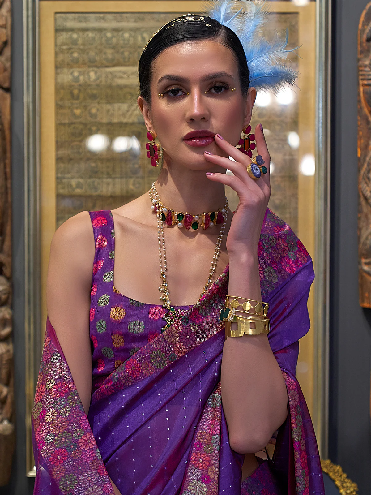 Odette Women Purple Organza Woven Saree With Unstitched Blouse - Image 2