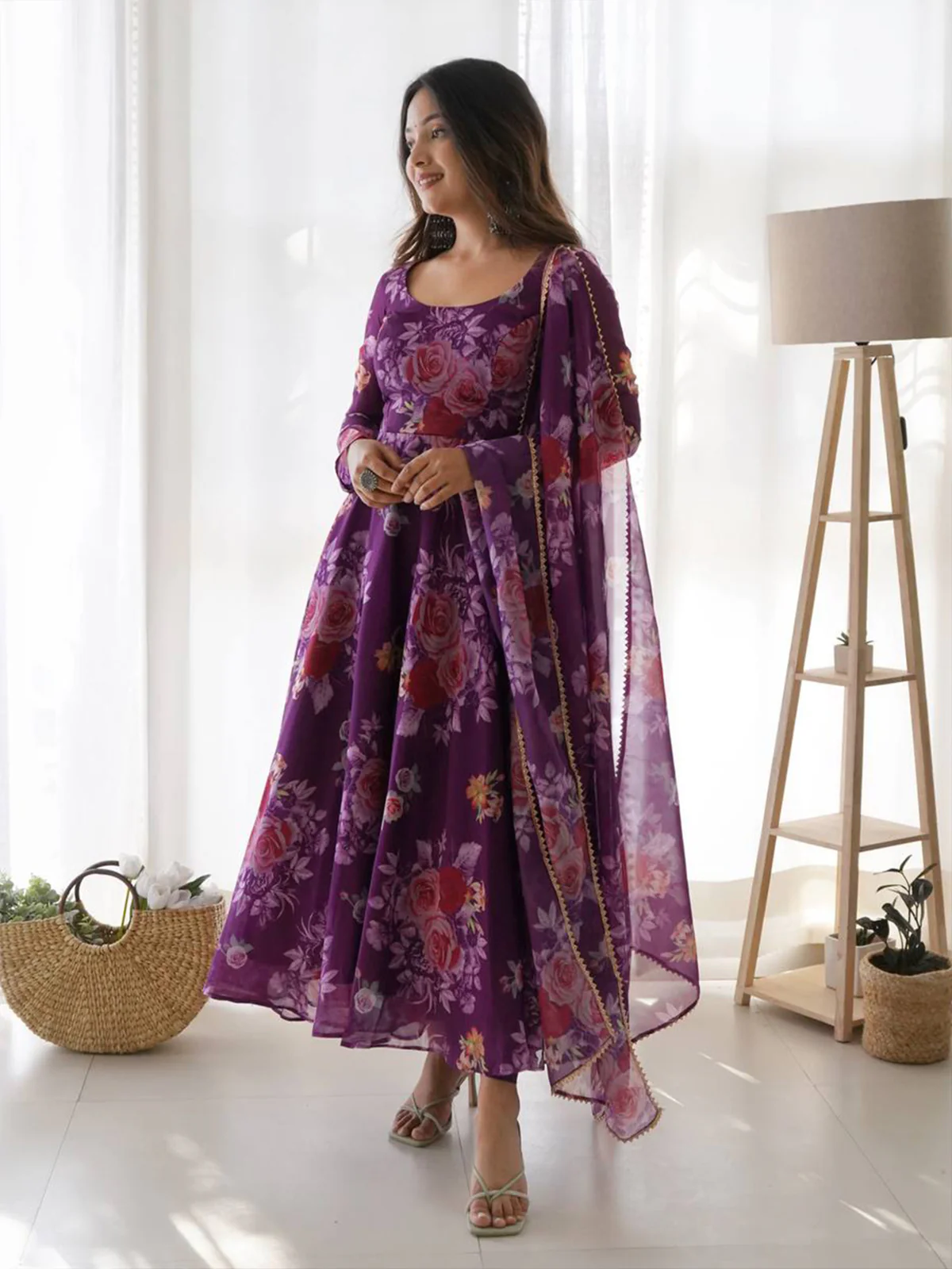 Odette Women Purple Printed Organza Stitched Kurta With Dupatta - Image 2