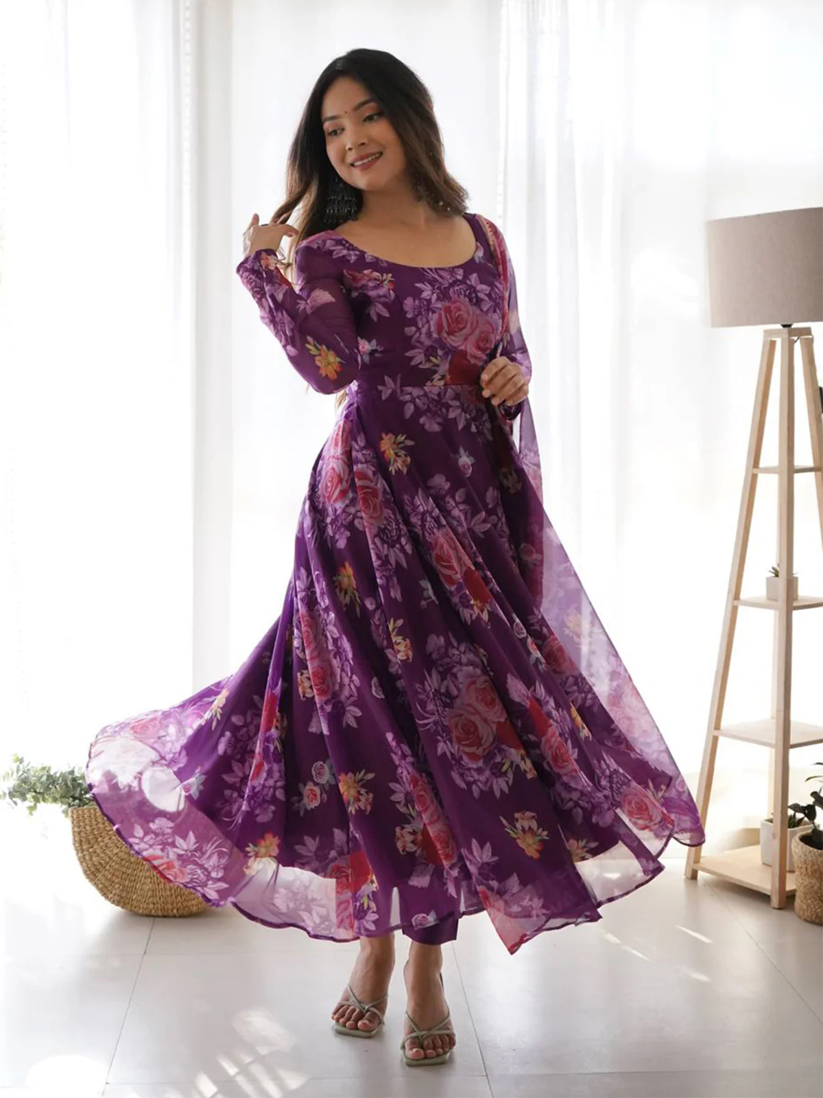 Odette Women Purple Printed Organza Stitched Kurta With Dupatta - Image 3